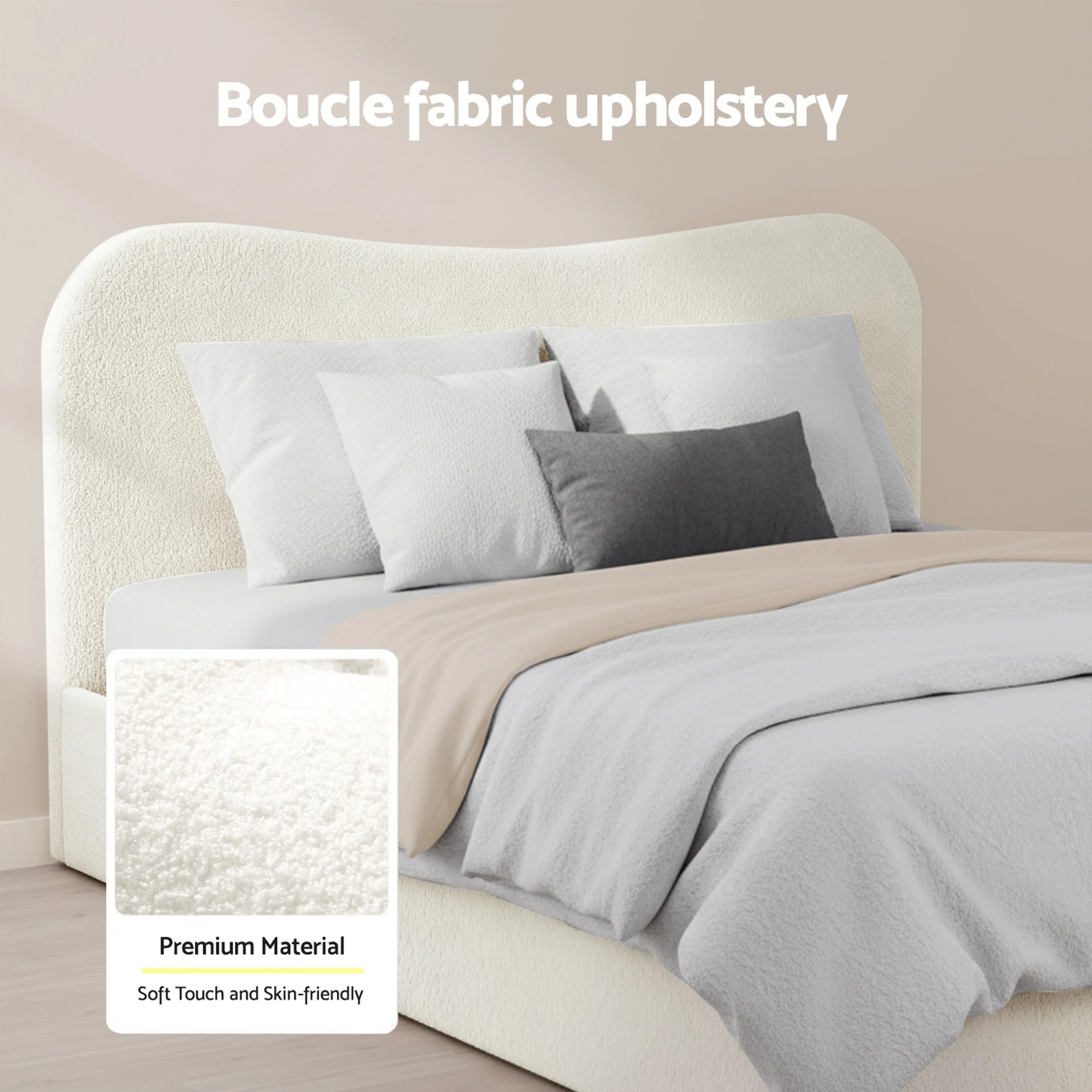 2 Artiss Double Bed Frame and Bedside Table Set Boucle  with Headboard  Nightstand - Multi, 2 of 5