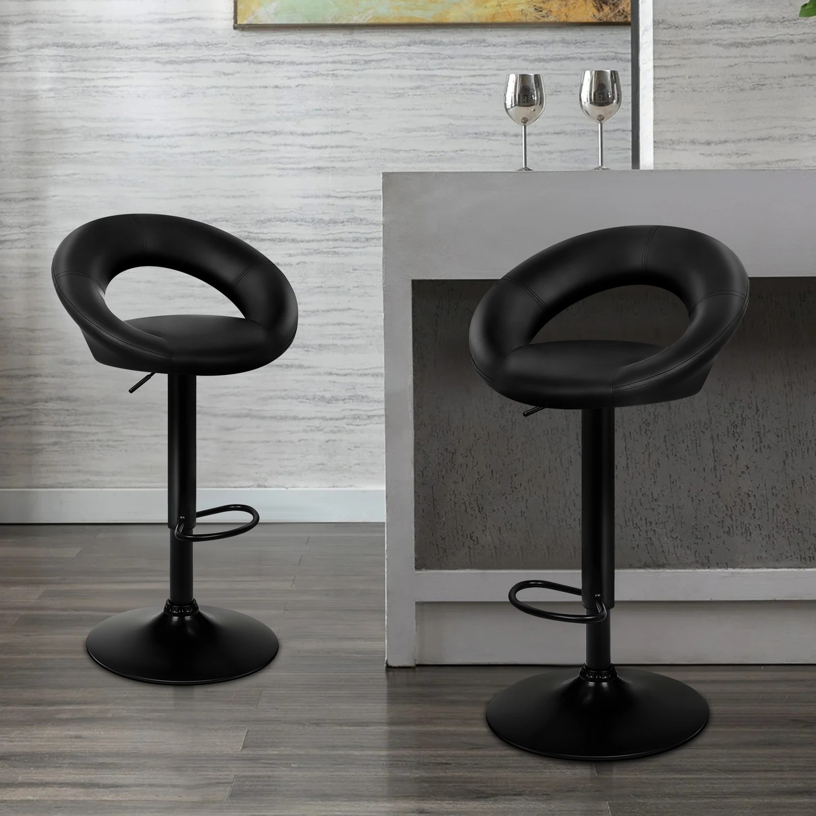 7 Alfordson 2x Bar Stools Ovadia Kitchen Swivel Chair Leather Gas Lift - All Black, 7 of 8