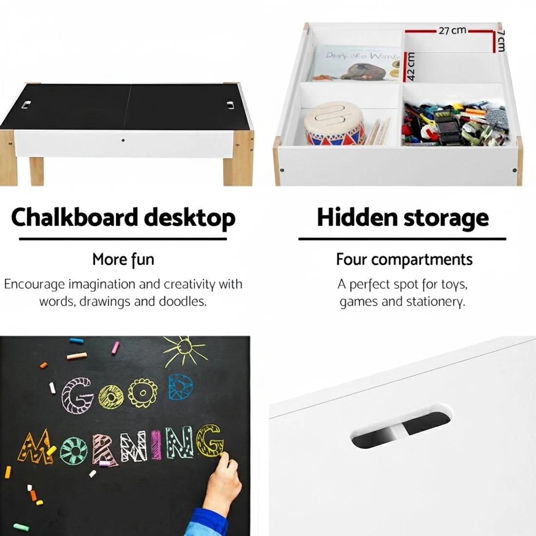 4 Keezi 3PCS Kids Table and Chairs Set Storage Toys Play Activity Desk Chalkboard - White, 4 of 8