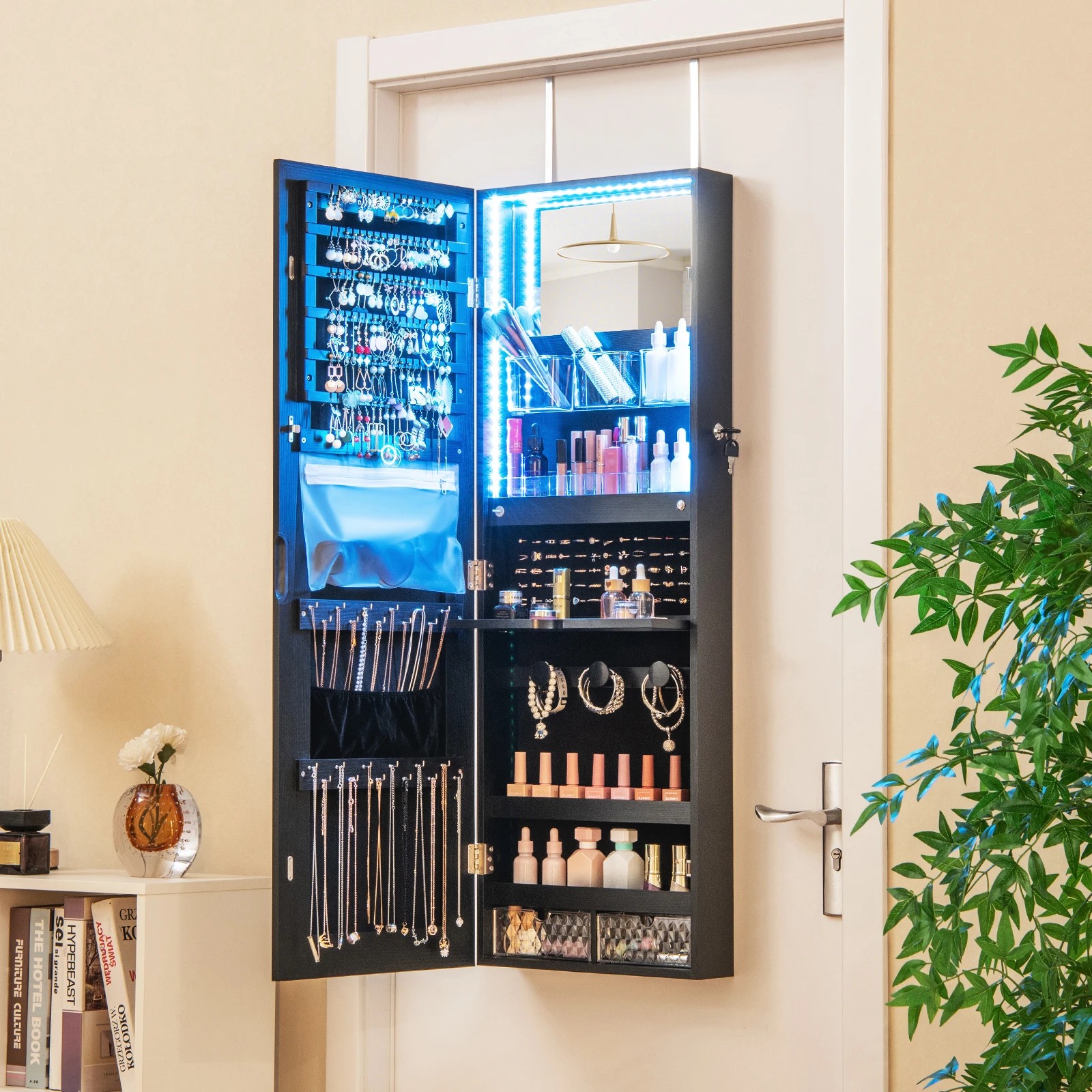 3 Costway Mirrored Jewellery Cabinet Wall Mounted LED Jewelry Armoire - Black, 3 of 4