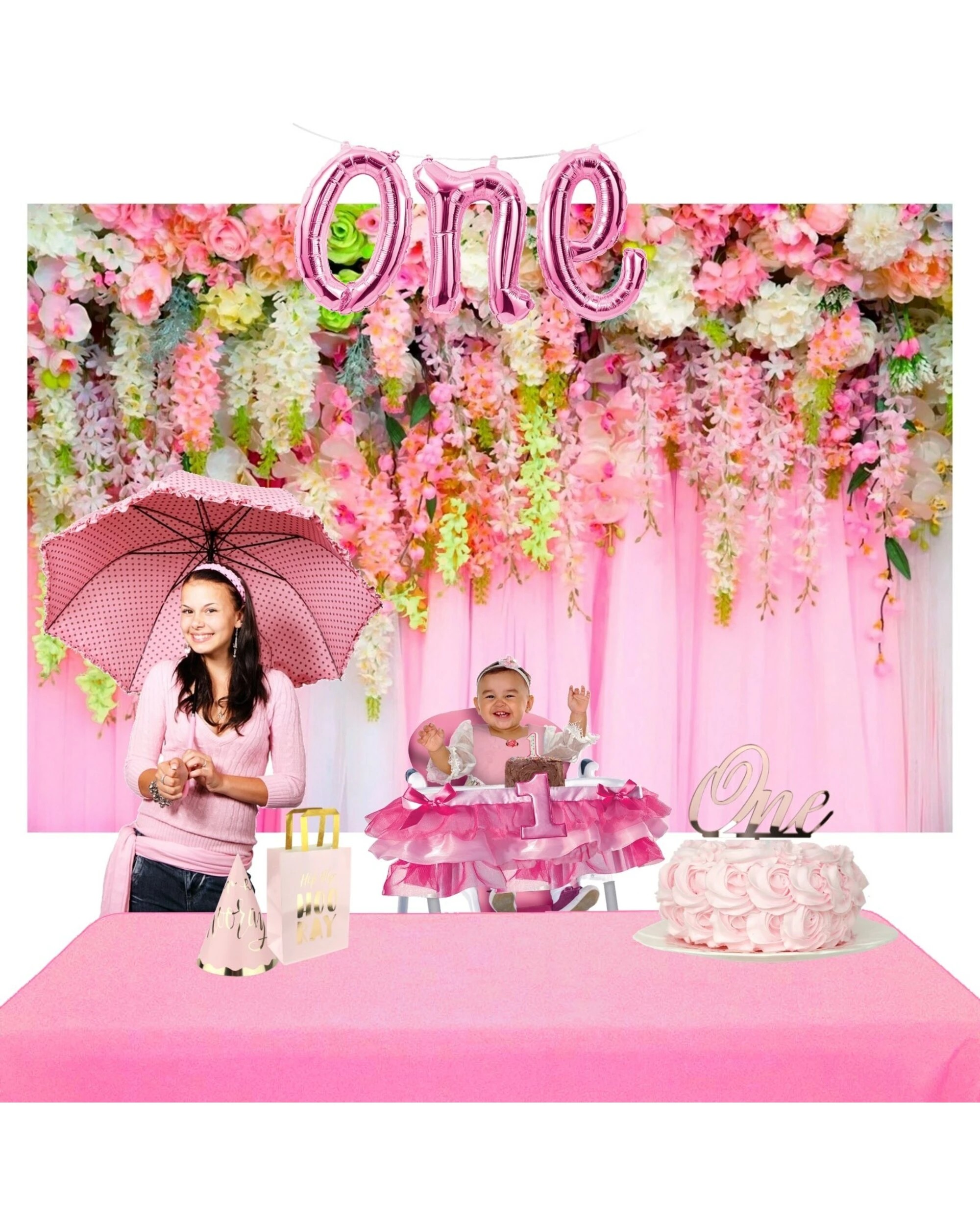 4 Pink Floral Curtain Large Printed Fabric Backdrop, 4 of 5