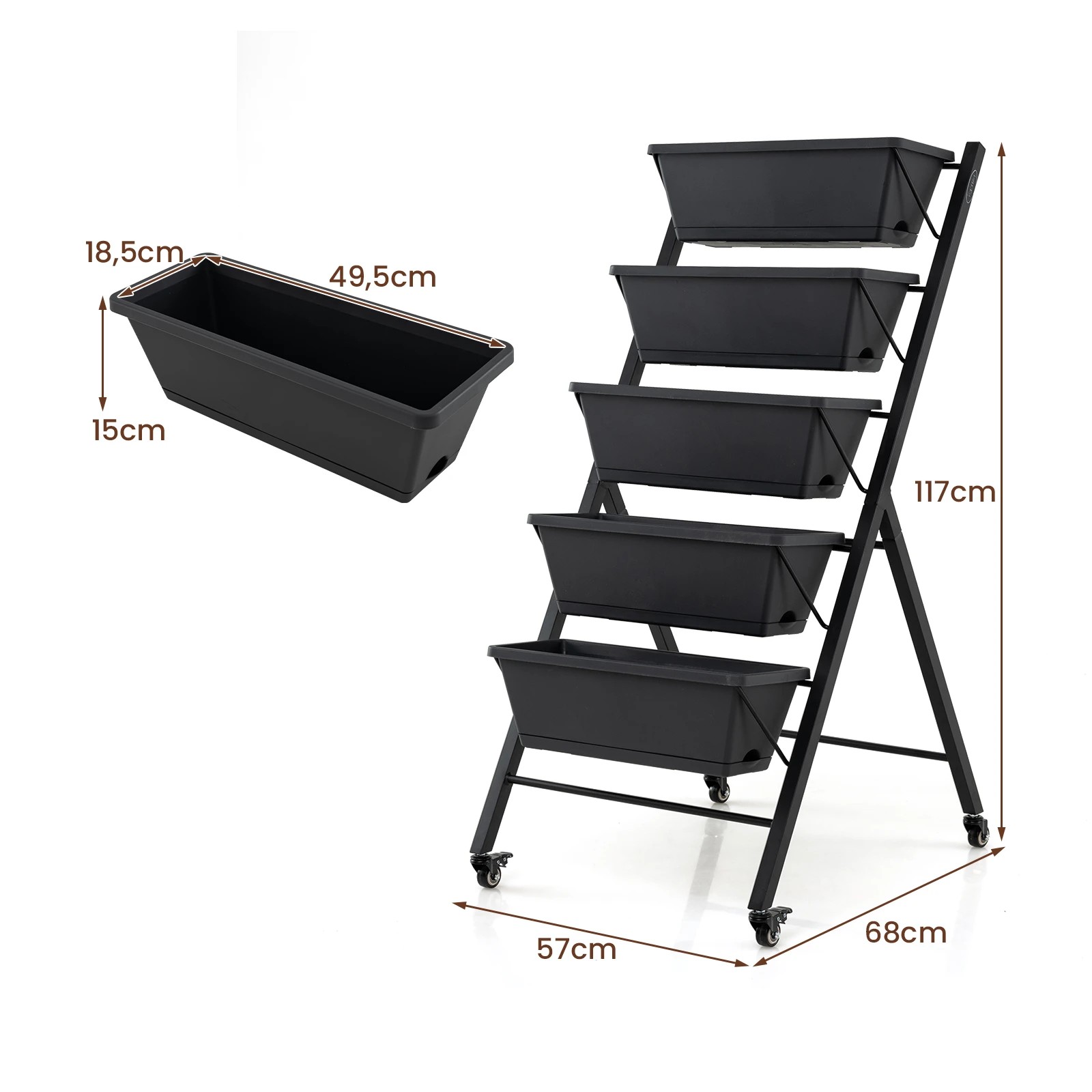 4 Costway 5-Tier Mobile Raised Garden Bed Elevated Planter Box & Tray w/Wheels & Drainage Holes - Black, 4 of 4