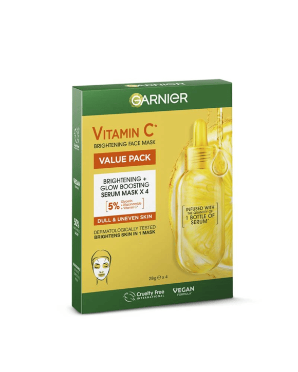 4 Pack Garnier Vitamin C Brightening Face Mask Value Pack 28g - Glycerin, Niacinamide and Vitamin C