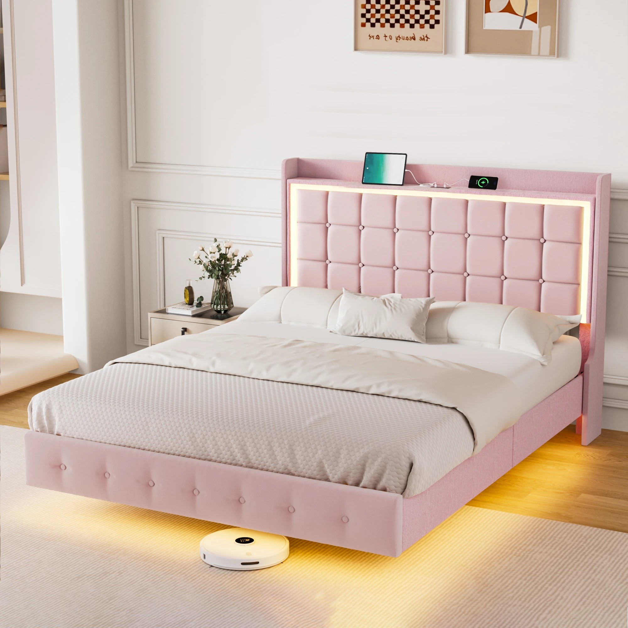 7 Levede King  Bed Frame with LED and Charging Station - Pink, 7 of 9