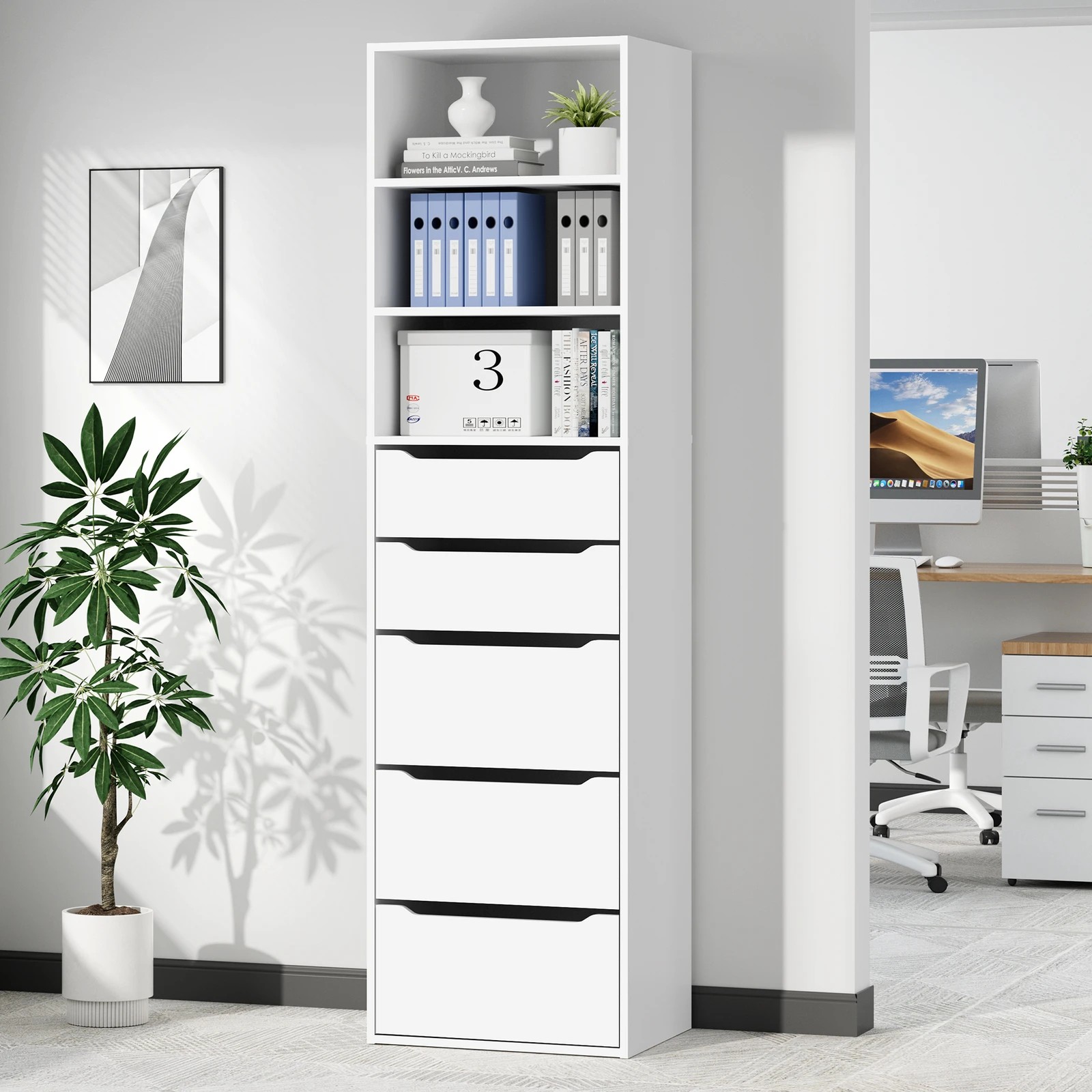 9 Alfordson Chest of 5 Drawers Office Storage Cabinet Tallboy Bedroom - White, 9 of 10