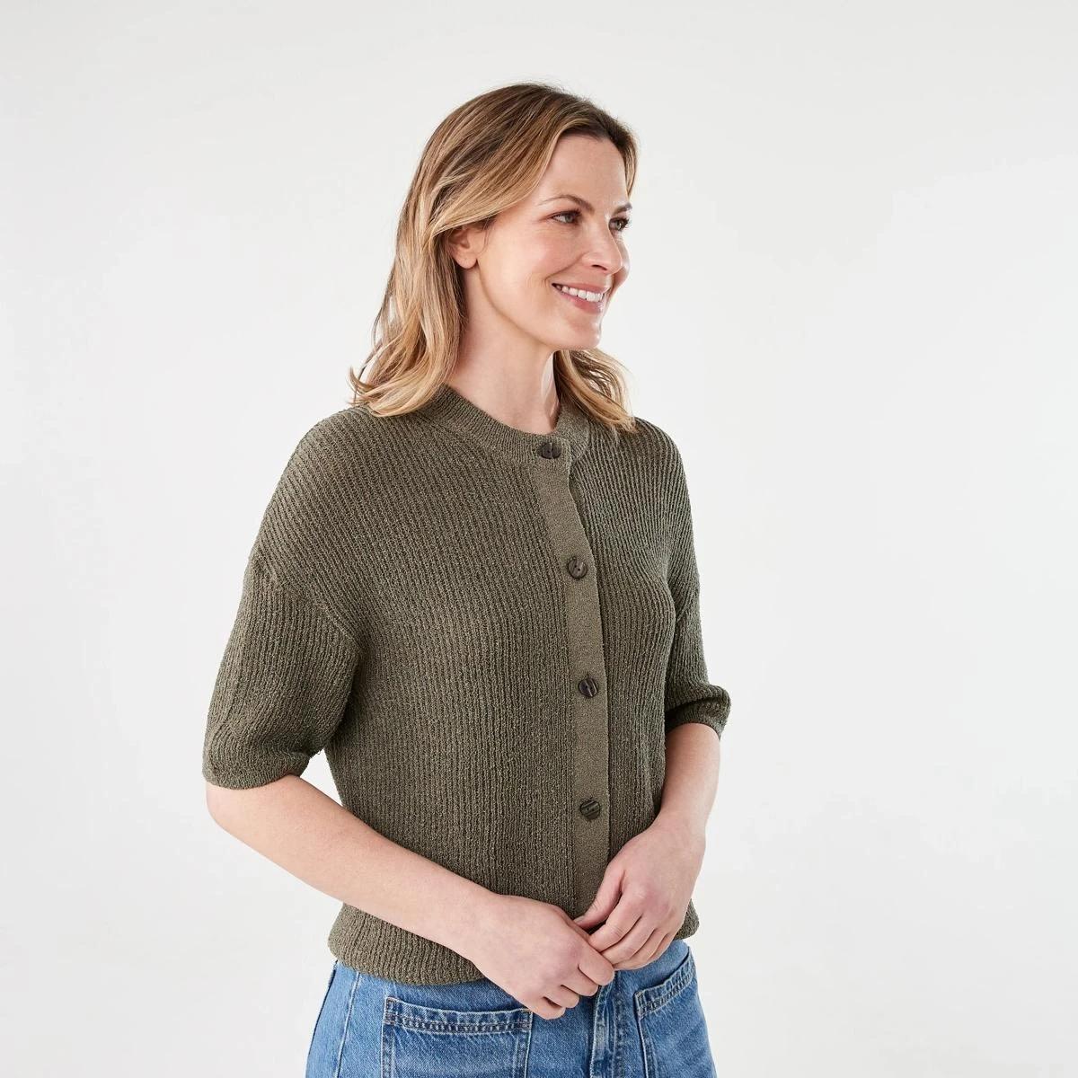 2 Short Sleeve Button Up Cardigan BURNT OLIVE, 2 of 5