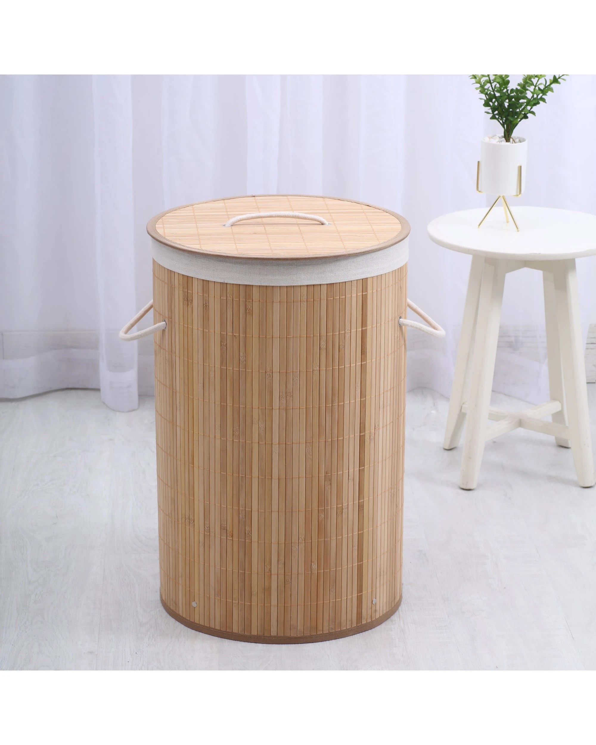3 Sherwood Home Round Collapsible Bamboo Laundry Hamper with Liner - Natural, 3 of 8