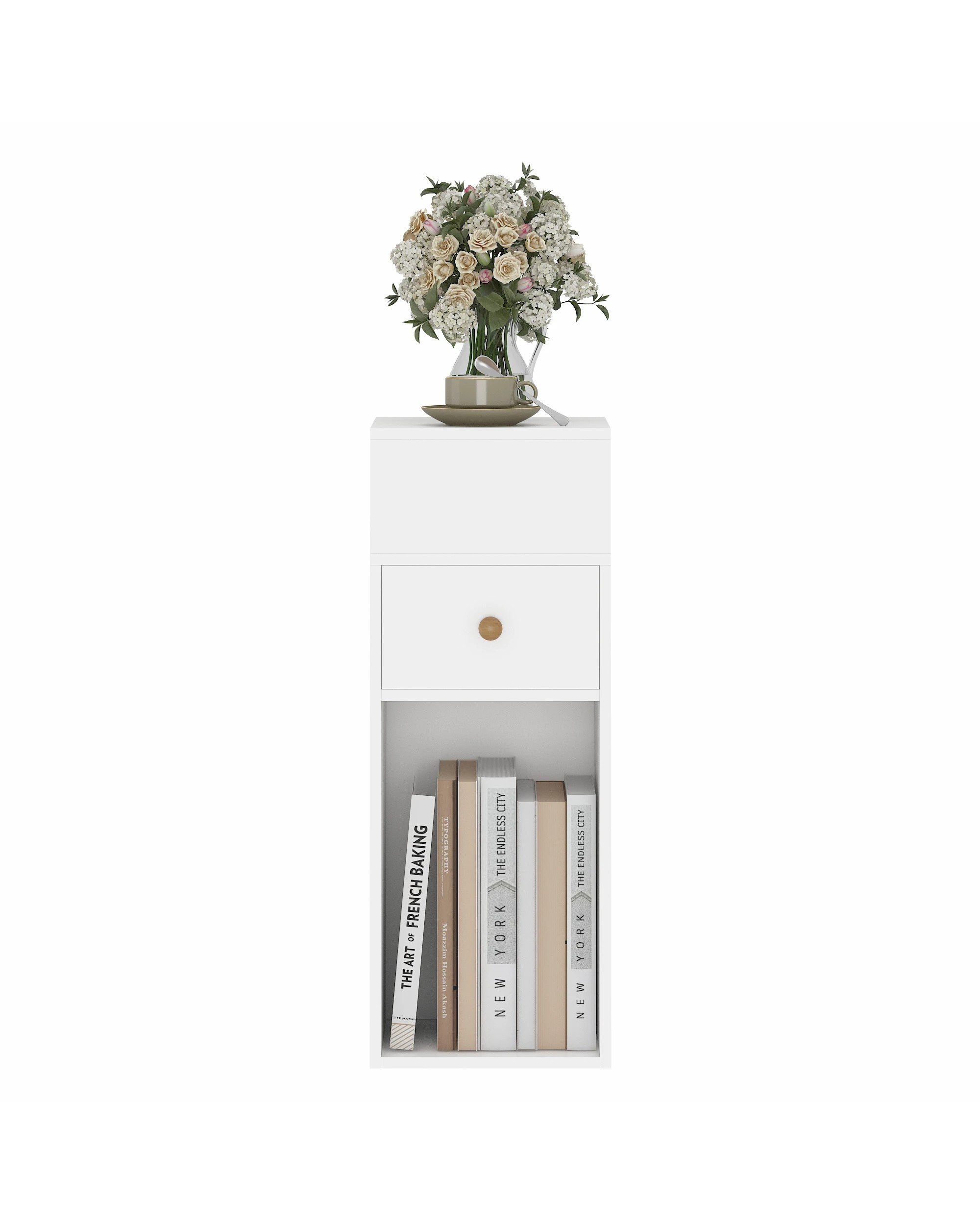 4 Ufurniture 2PCS Wooden Side Table w/ Cable Port Narrow End Table Drawer & Shelf - White, 4 of 7