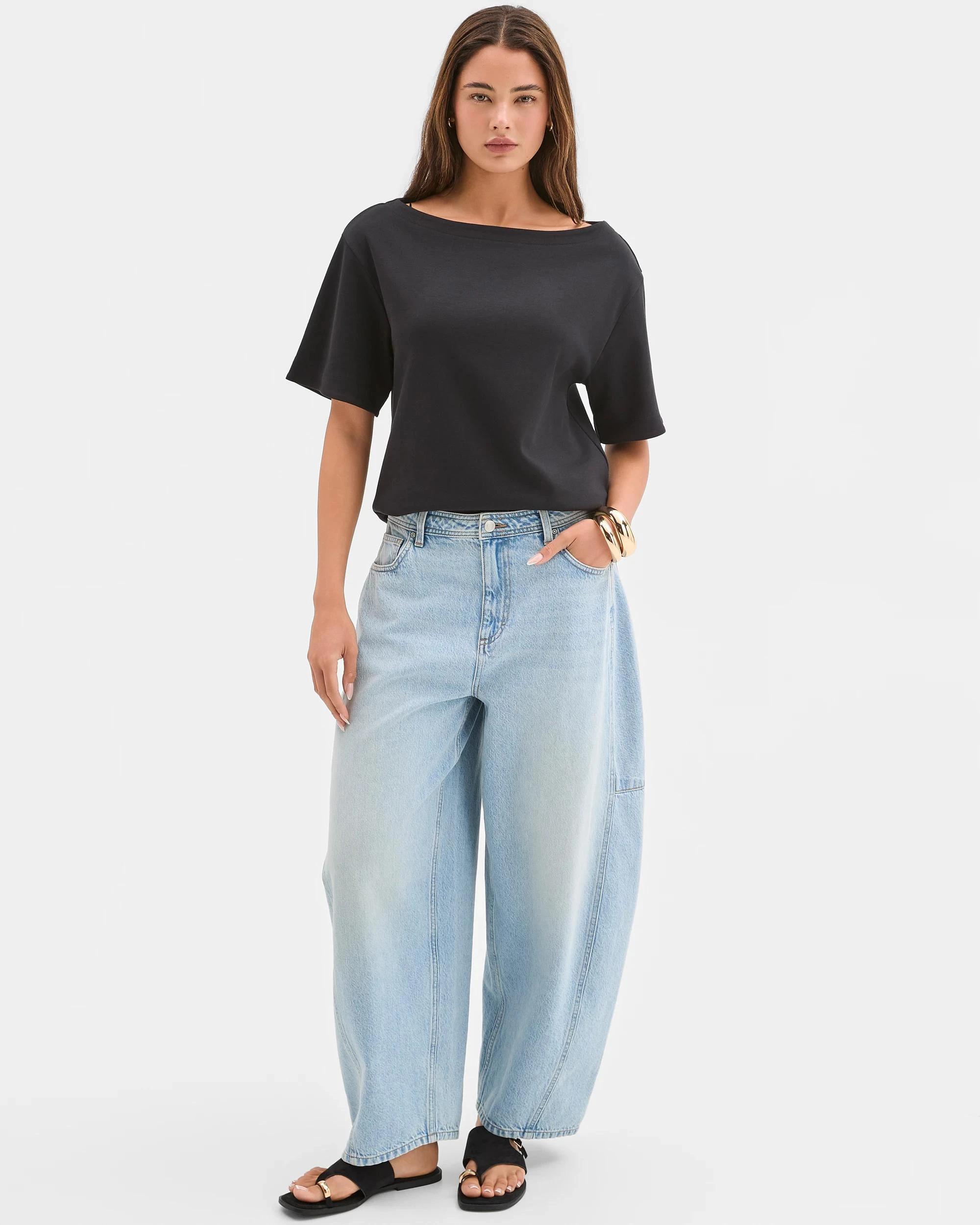 1 Lily Loves Australian Cotton Boat Neck Off Shoulder T-Shirt BLACK, 1 of 6