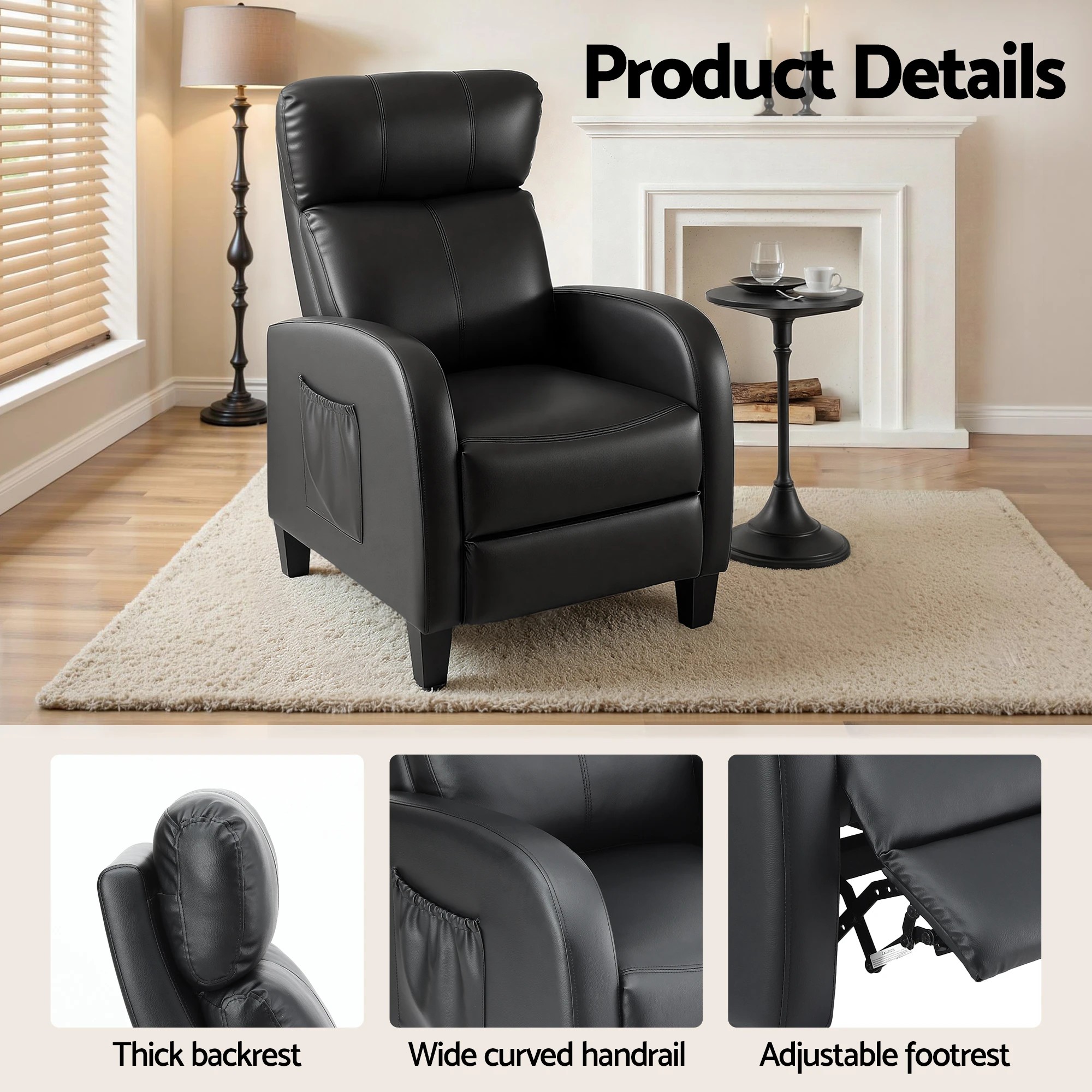 5 Artiss Massage Recliner Chair Small Recliner Sofa for Adults PU Leather - Black, 5 of 6