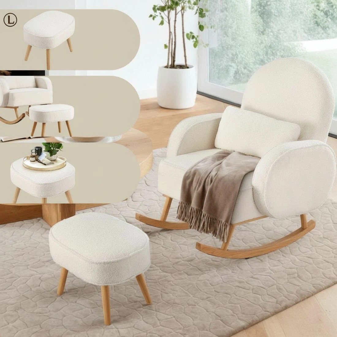 6 Artiss Armchair Rocking Chair Ottoman Lounge Footrest Round Nursing Boucle - White, 6 of 8