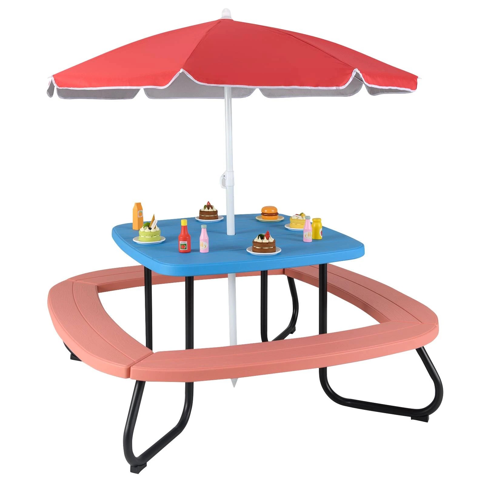 1 Costway 8 Person Picnic Table Set w/4 Built-in Benches & Umbrella - Red, 1 of 1