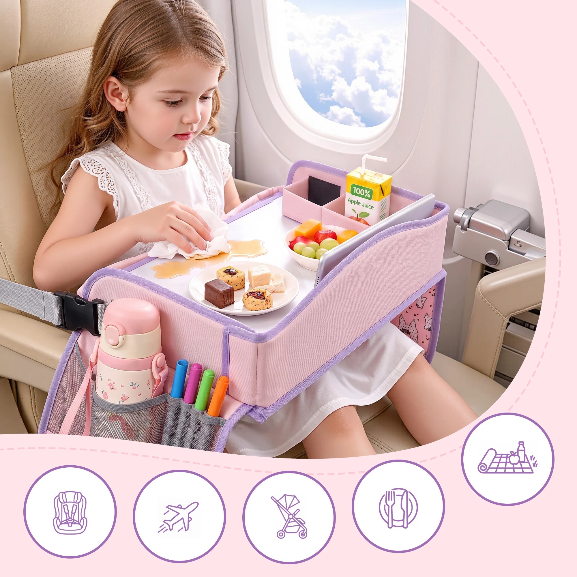 5 Keezi Kids Travel Tray Car Seat Lap Desk Portable Car Desk Organiser for Car & Airplane - Pink, 5 of 10