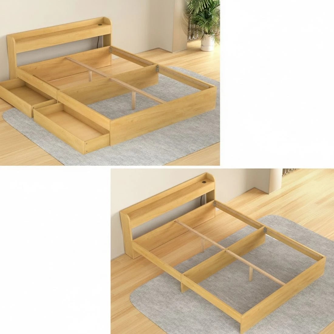 6 Artiss Bed Frame Queen Size with Charging Ports and 2 Drawers - Natural, 6 of 7