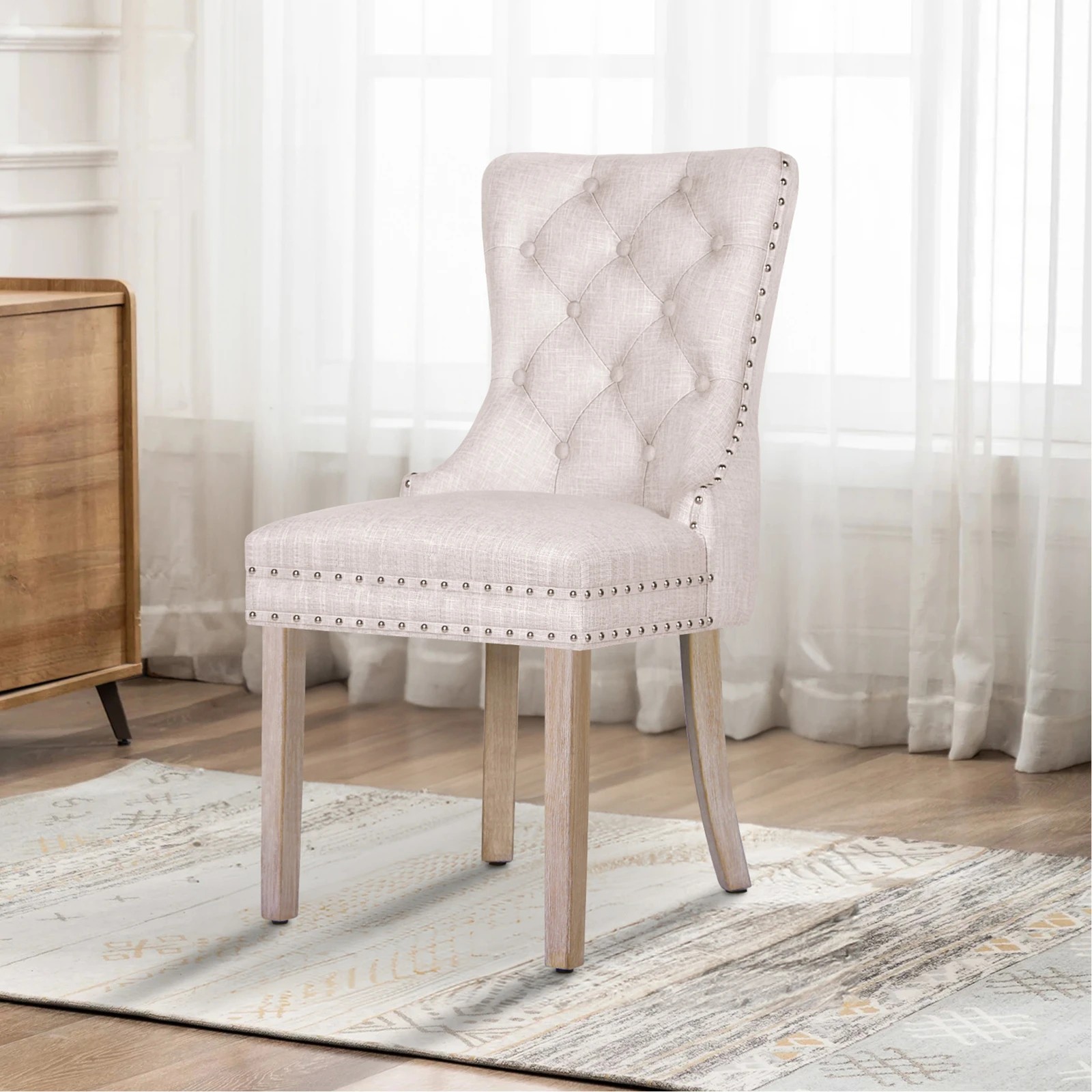 8 Alfordson 2x Dining Chair Kitchen Lounge Retro Button Tufted Wooden Fabric - Beige, 8 of 10