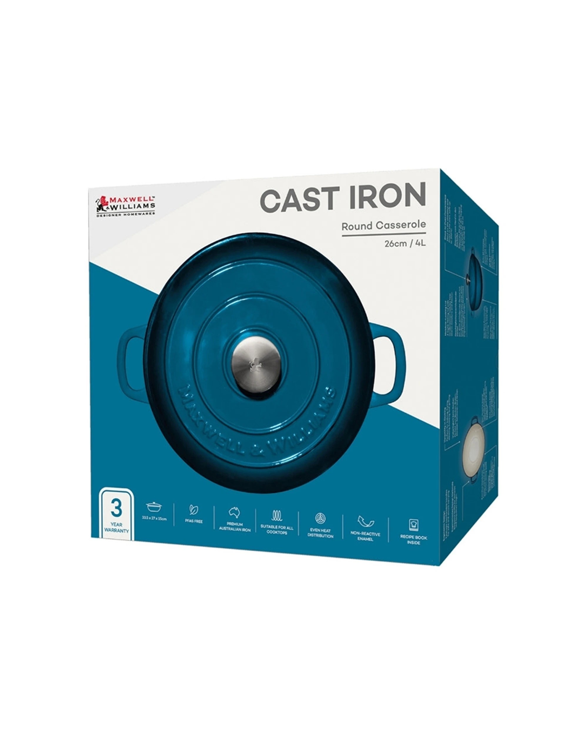 3 Maxwell & Williams Cast Iron 26cm Round Casserole Cookware 4L Oven Safe - Blue, 3 of 3