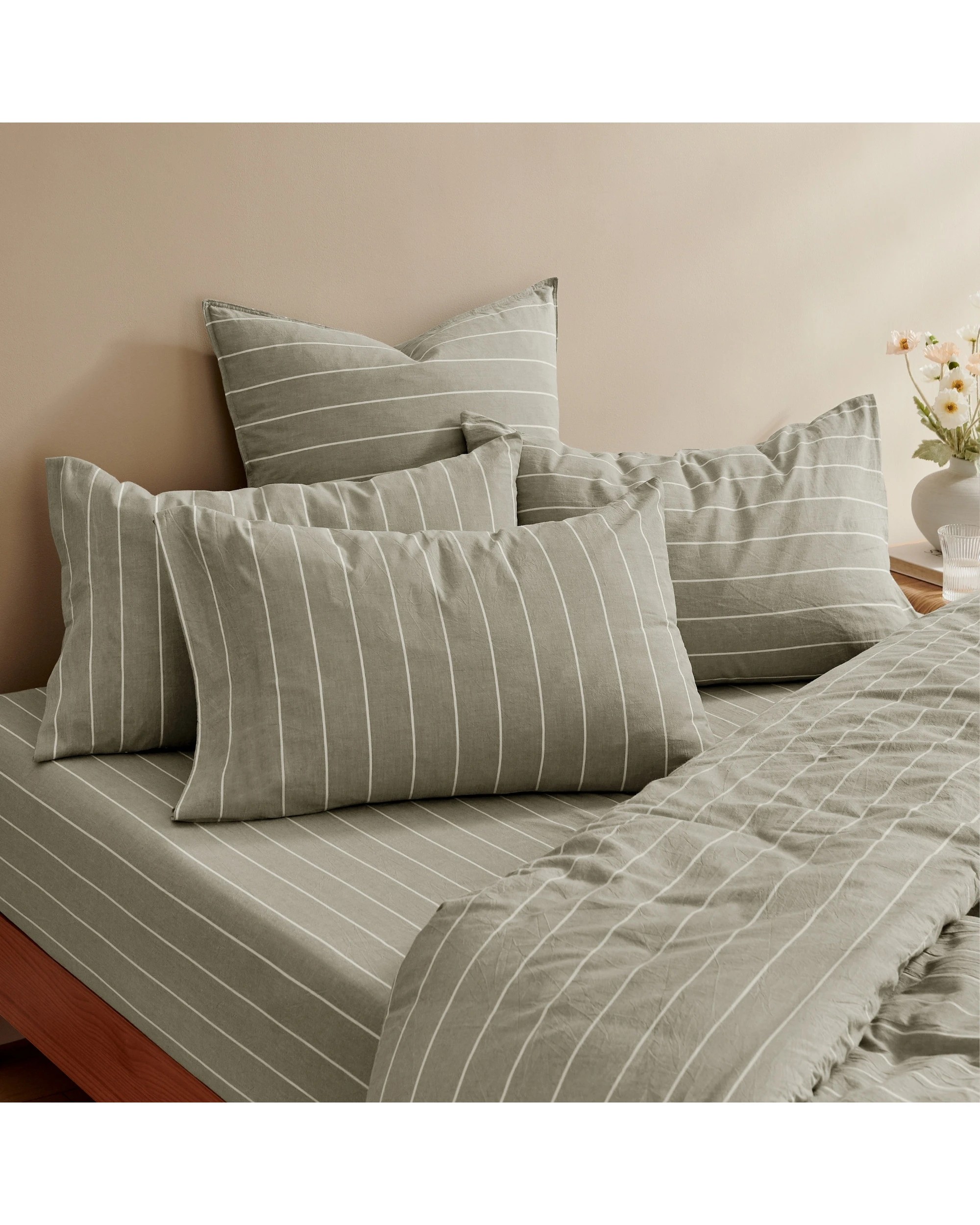 6 Dreamaker Rumi Stripe Washed Cotton Reversible Quilt Cover Set - King Bed - Olive with White, 6 of 6