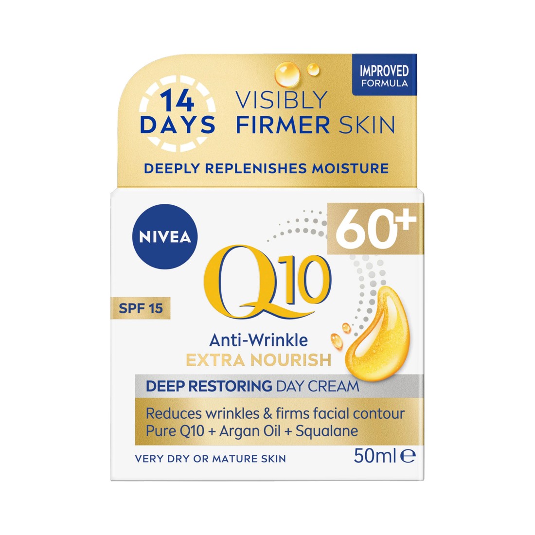 1 Nivea Q10 Anti-Wrinkle Extra Nourish Deep Restoring Day Cream SPF15 50ml - Pure Q10, Argan Oil and Squalane, 1 of 10