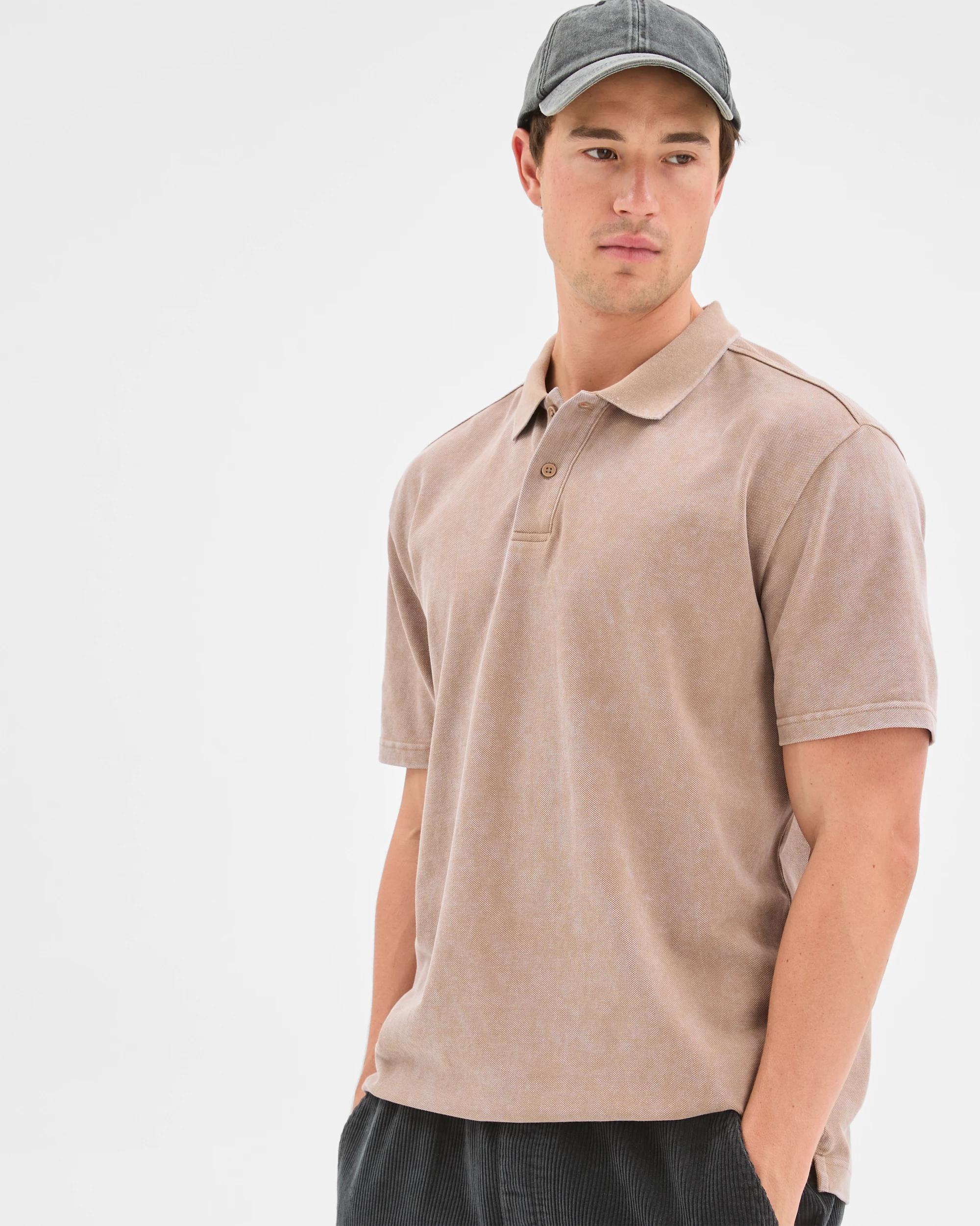 1 Commons Australian Cotton Overdyed Pique Polo Top TIMBER, 1 of 6