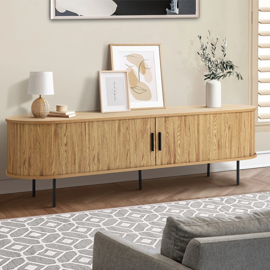 3 Oikiture Entertainment Unit Tv Cabinet 160cm Tambour Sliding Doors
 - Natural, 3 of 10