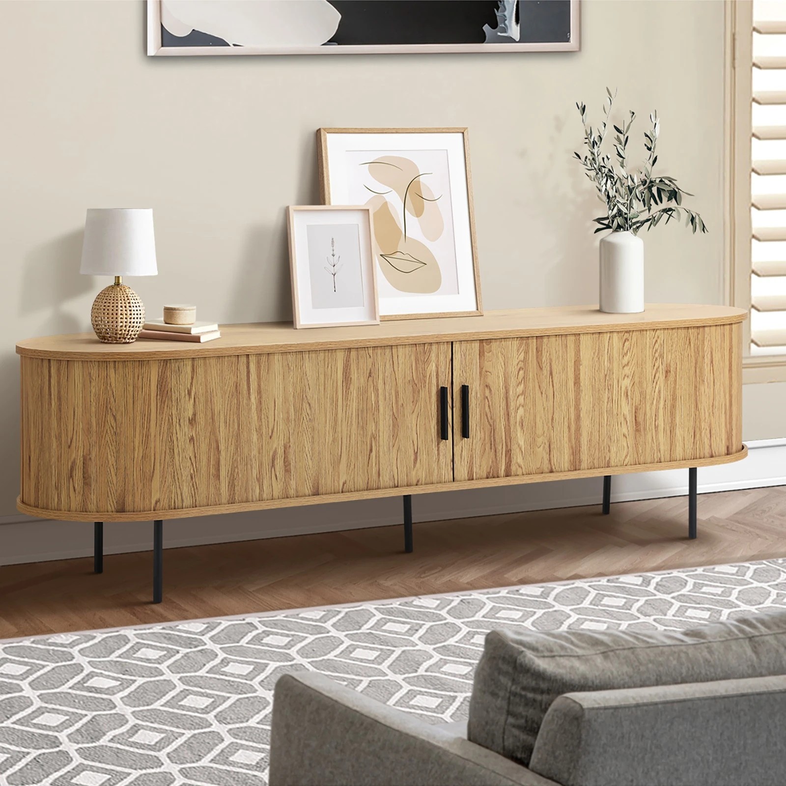 3 Oikiture Entertainment Unit Tv Cabinet 160cm Tambour Sliding Doors
 - Natural, 3 of 10