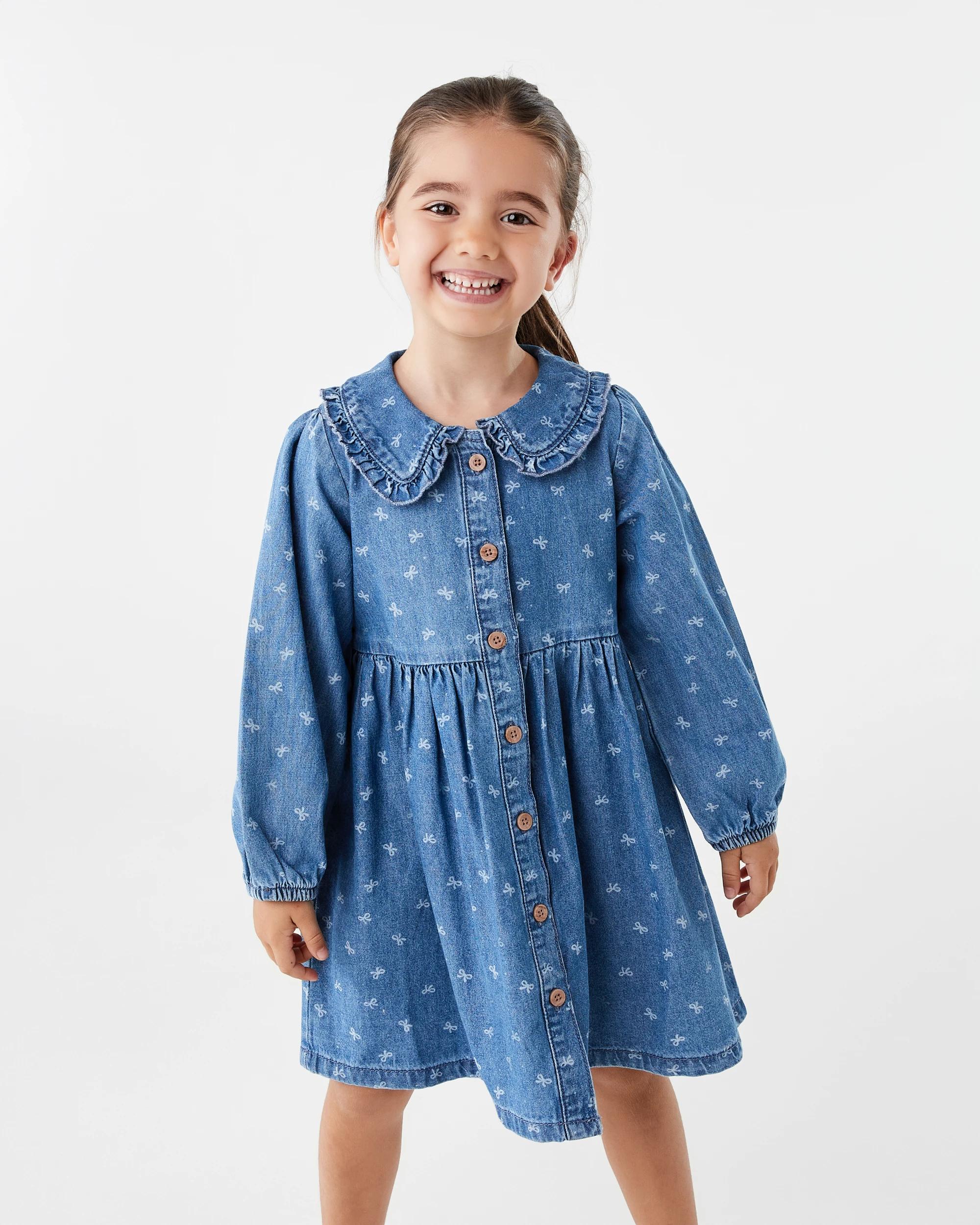 1 Long Sleeve Denim Collard Dress Blu Bow, 1 of 8