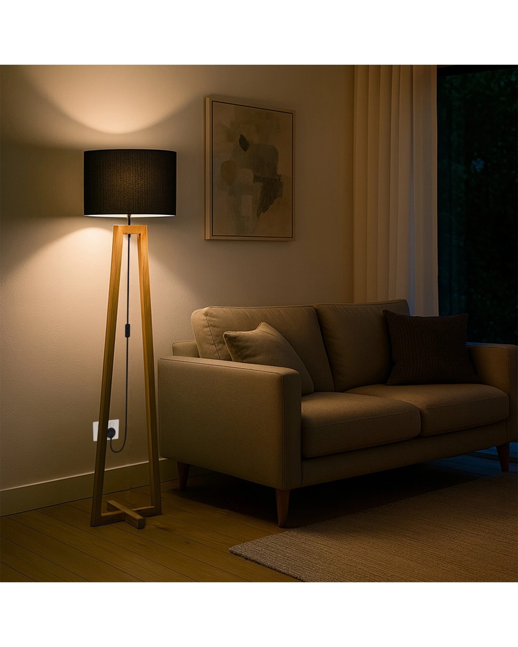 2 Urban Style Dana Floor Lamp Shade Tripod Timber Base Inline Switch - Black, 2 of 4