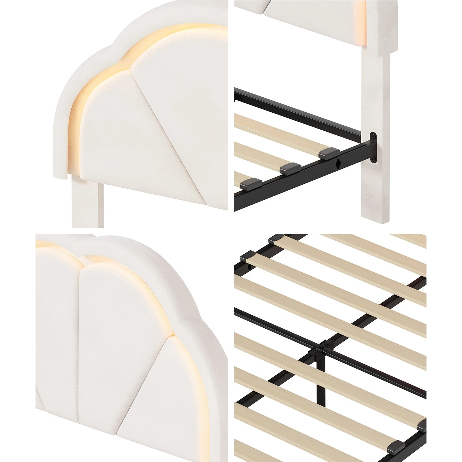 5 Oikiture King Single Size Bed Frame LED Shell Headboard with Drawers - Beige, 5 of 6