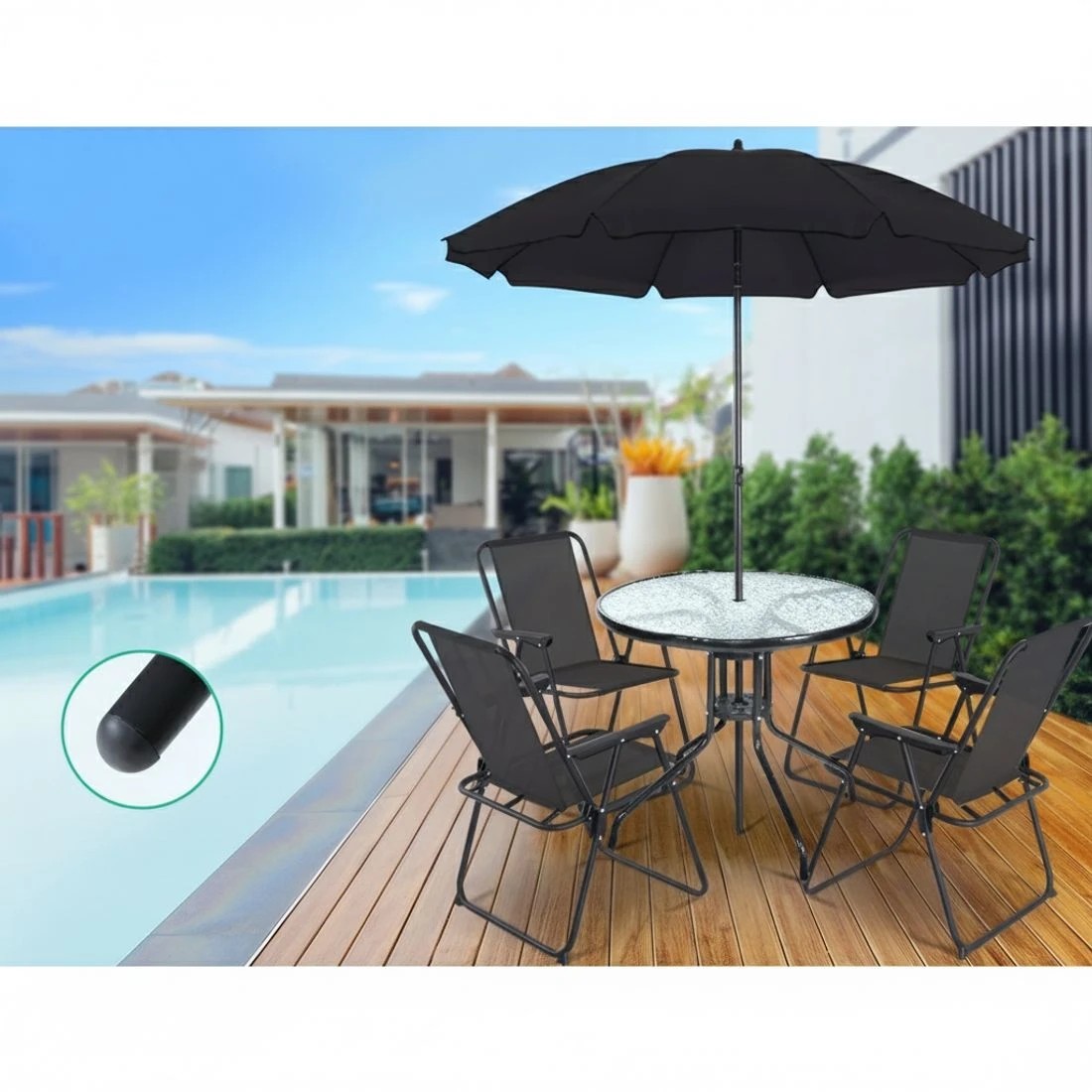 6 Gardeon Outdoor Bar Table Glass Cafe Table Steel Side Parasol Hole - Black, 6 of 6