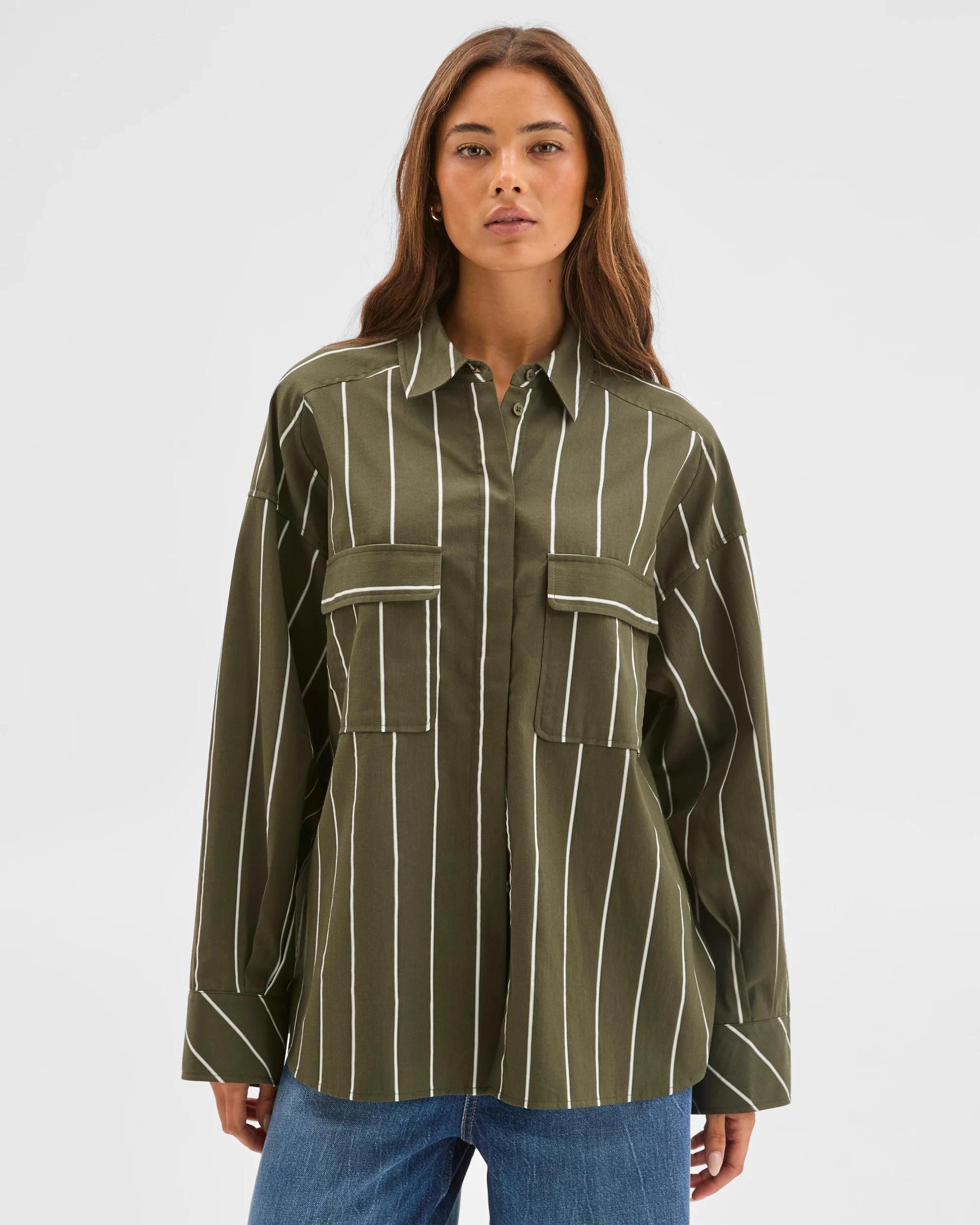 3 Lily Loves Australian Cotton Blend Oversized Shirt GREEN STRIPE, 3 of 7