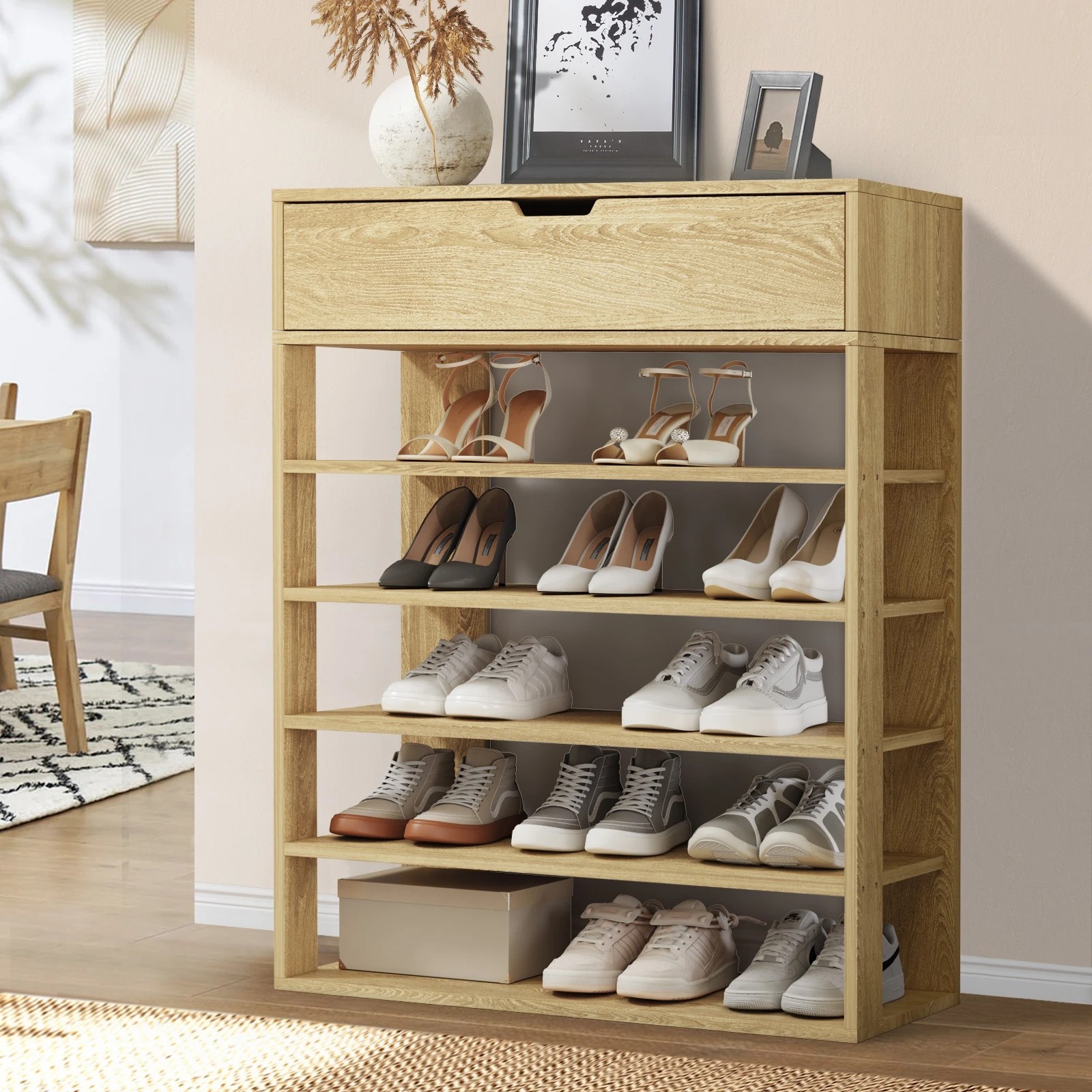 2 Oikiture Shoes Storage Rack 5-tier Shelves Shoe Storage Cabinet Drawer
 - Natural, 2 of 8