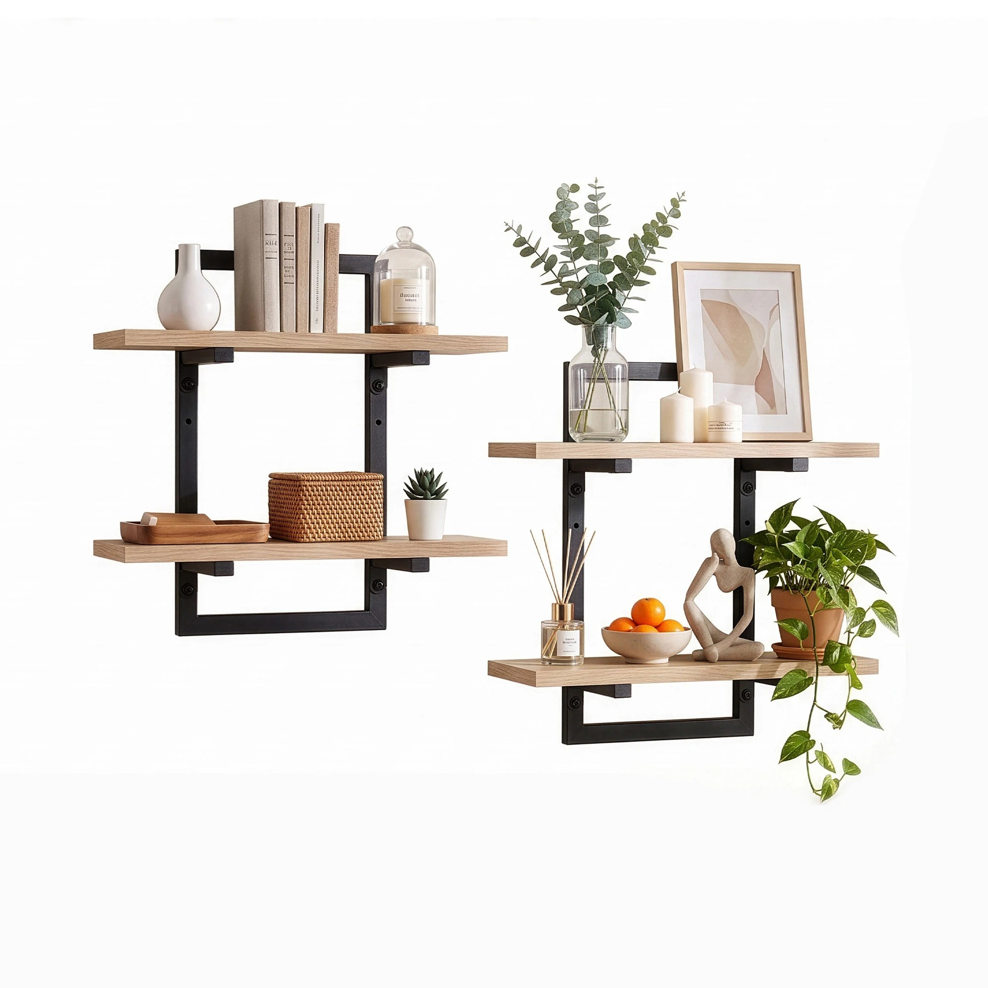 1 Artiss Set of 2 Floating Wall Shelf 2-Tier Wall-Mounted Display Ledge Wood&Metal - Natural, 1 of 8