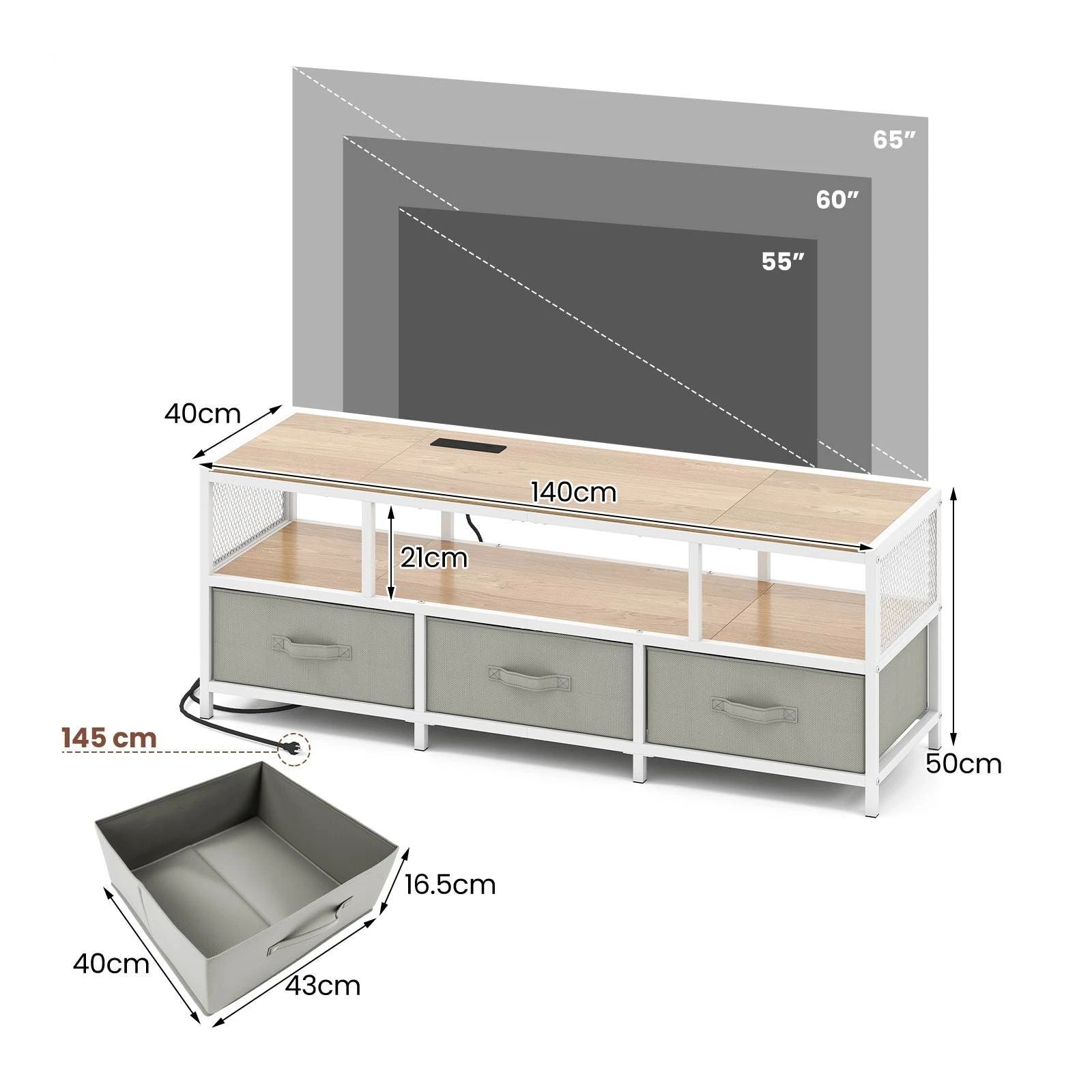 3 Costway TV Cabinet 3-Tier Entertain Unit w/Power Outlets for TVs up to 65” Storage Center - Natural, 3 of 4