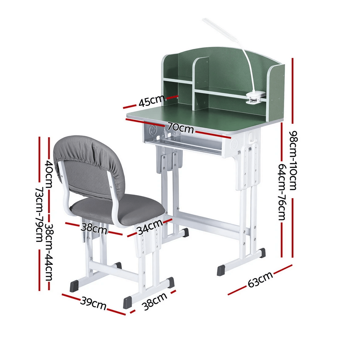 2 Keezi Kids Study Desk Chair Set Adjustable Ergonomic Table LED Lamp - Green, 2 of 2