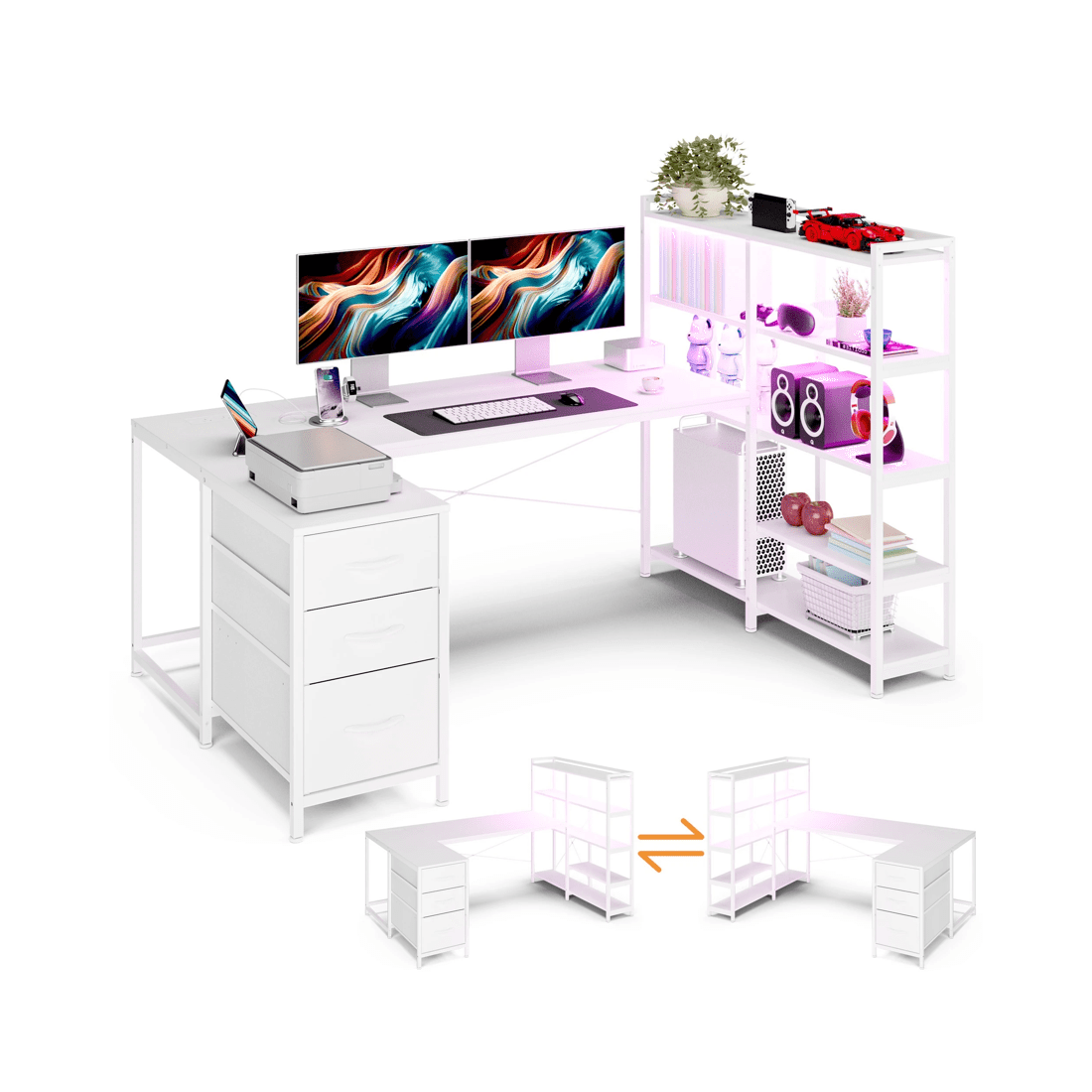 1 Advwin U Shaped Gaming Desk With Led Lights & Power Outlets Reversible 164cm Computer Desk With Bookshelf White, 1 of 10