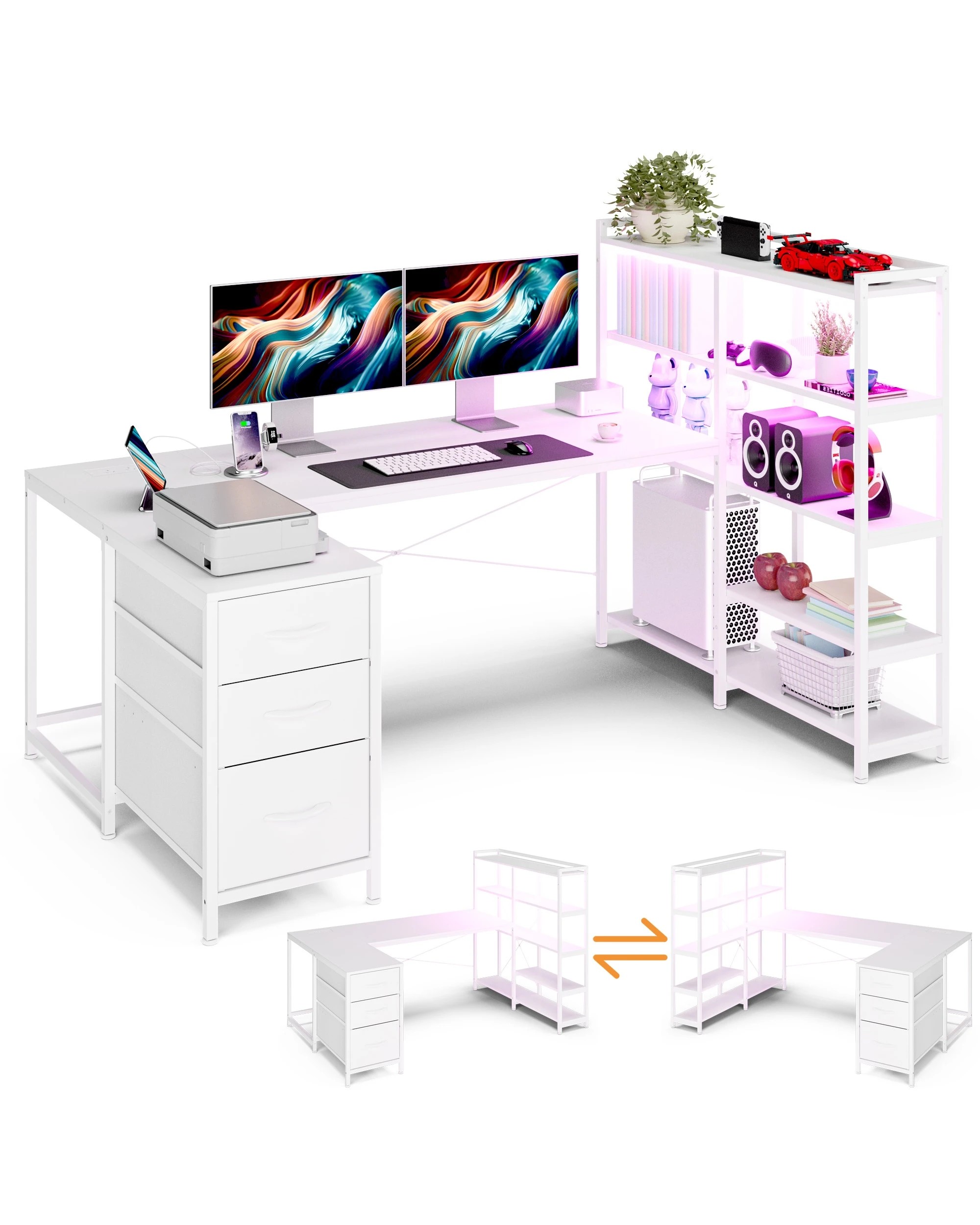 1 Advwin U Shaped Gaming Desk With Led Lights & Power Outlets Reversible 164cm Computer Desk With Bookshelf, 1 of 9