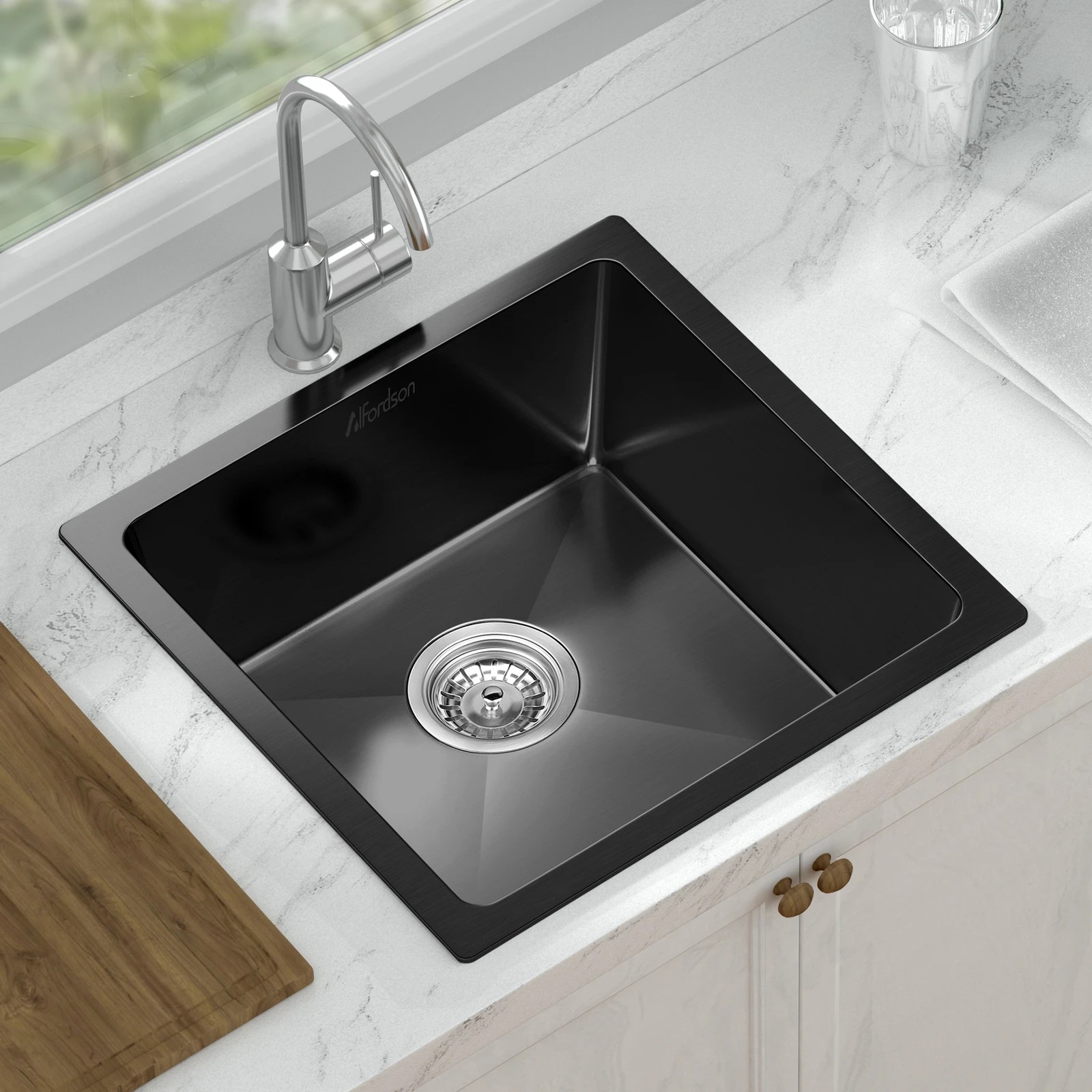 3 Alfordson Kitchen Sink 44x44cm Stainless Steel Basin Single Bowl - Black, 3 of 9