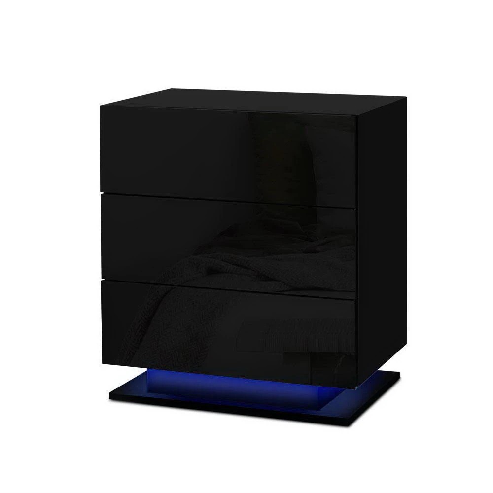 1 Artiss Bedside Table LED 3 Drawers - Black, 1 of 6