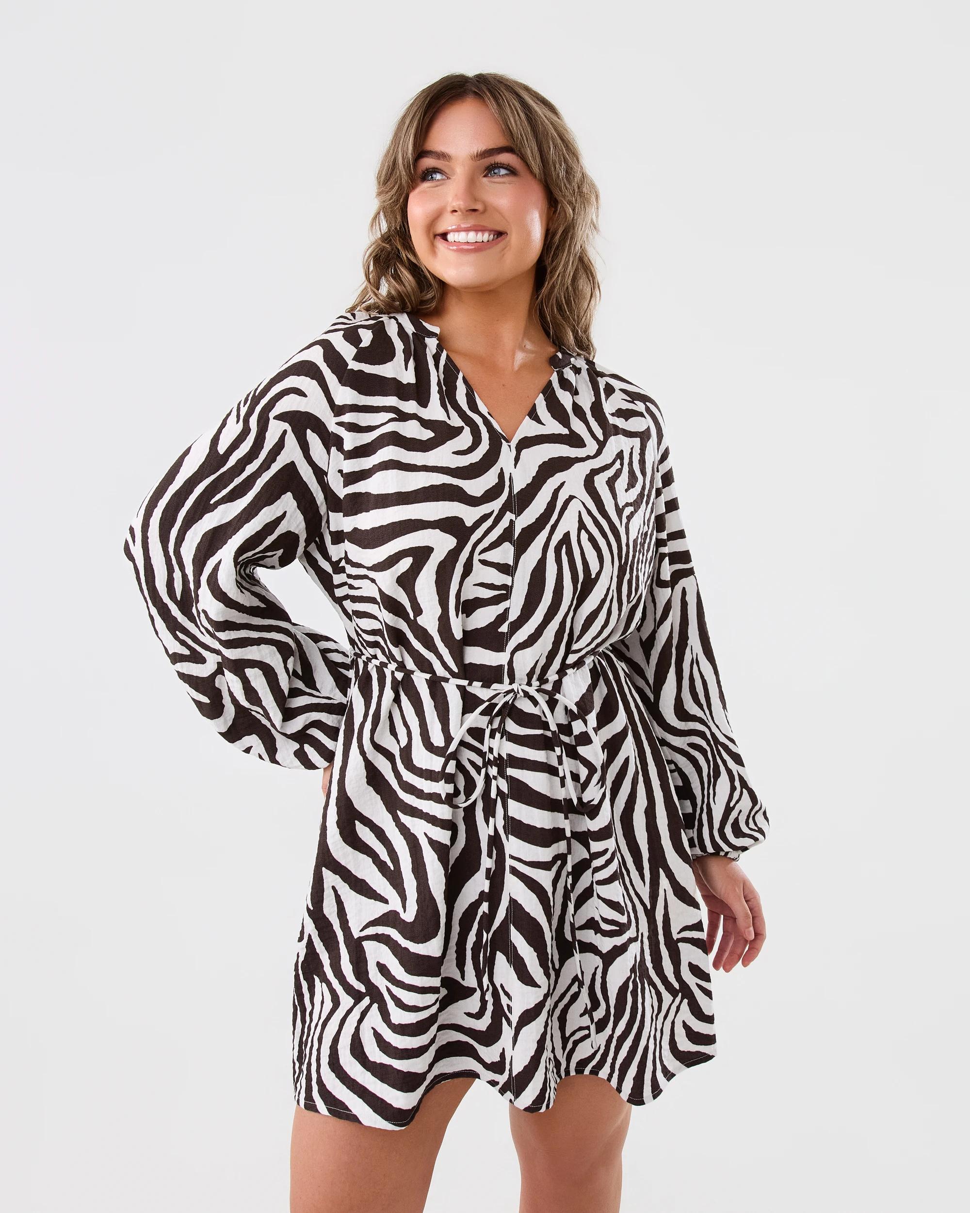 1 Long Sleeve Textured Tie Mini Dress Zebra, 1 of 8