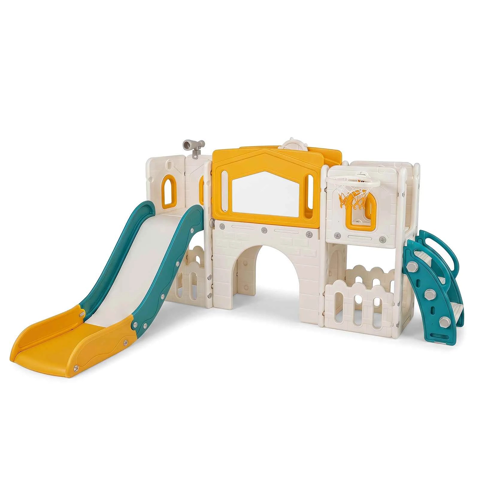 1 Costway 9 in 1 Slide Set Climber Playset Basketball Hoop Telescope Music Box Climb Ladder - Yellow, 1 of 3