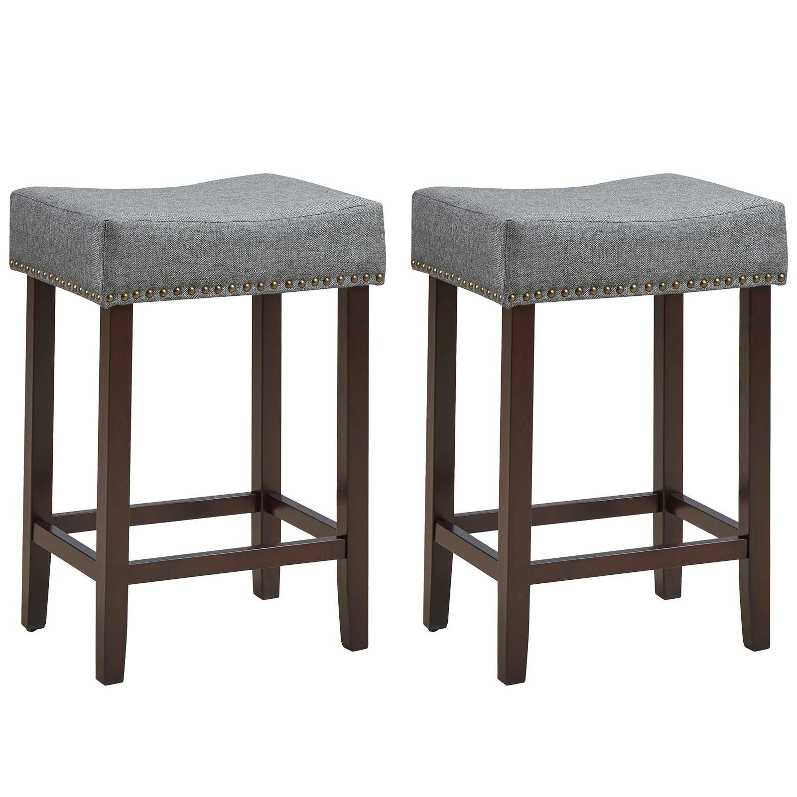 1 Costway 2x Saddle Bar Stool Padded Accent Nail Head Barstools Kitchen Height Counter Chair - Grey, 1 of 4