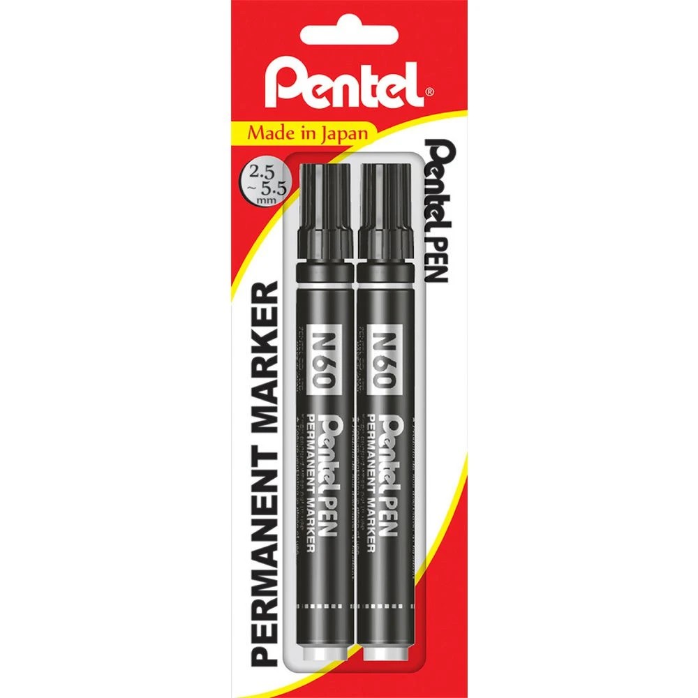 1 Pentel N60 Permanent Markers Black 2 Pack, 1 of 6