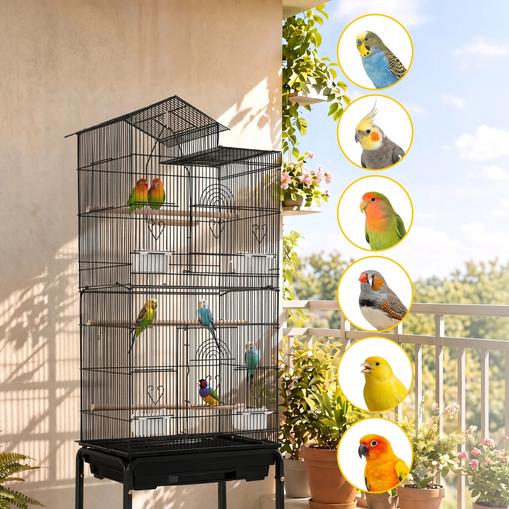 9 i.Pet 158cm Bird Cage Aviary Parrot Budgie Stand Wheels - Black, 9 of 9