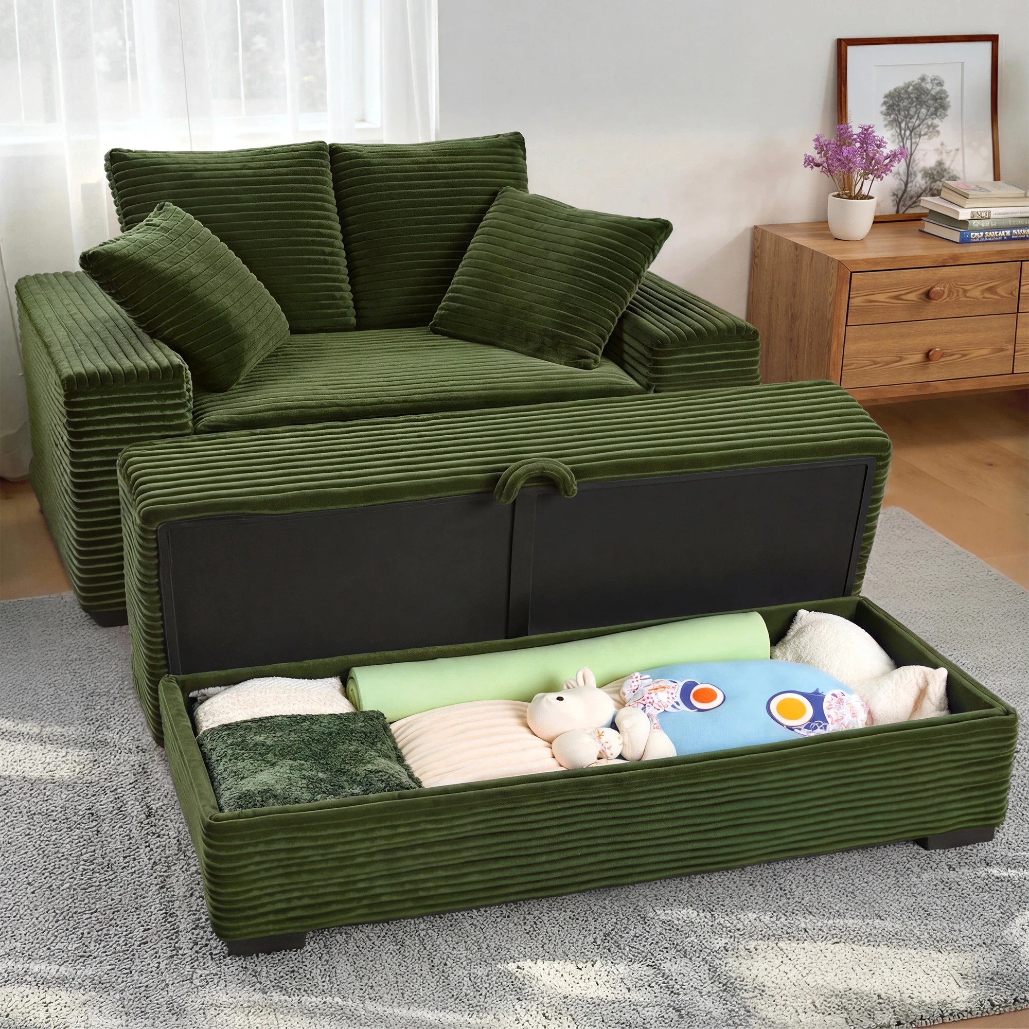 6 Advwin 146cm Chaise Lounge Chair with Storage Ottoman Fluffy Upholstered Sofa Bed - Green, 6 of 10