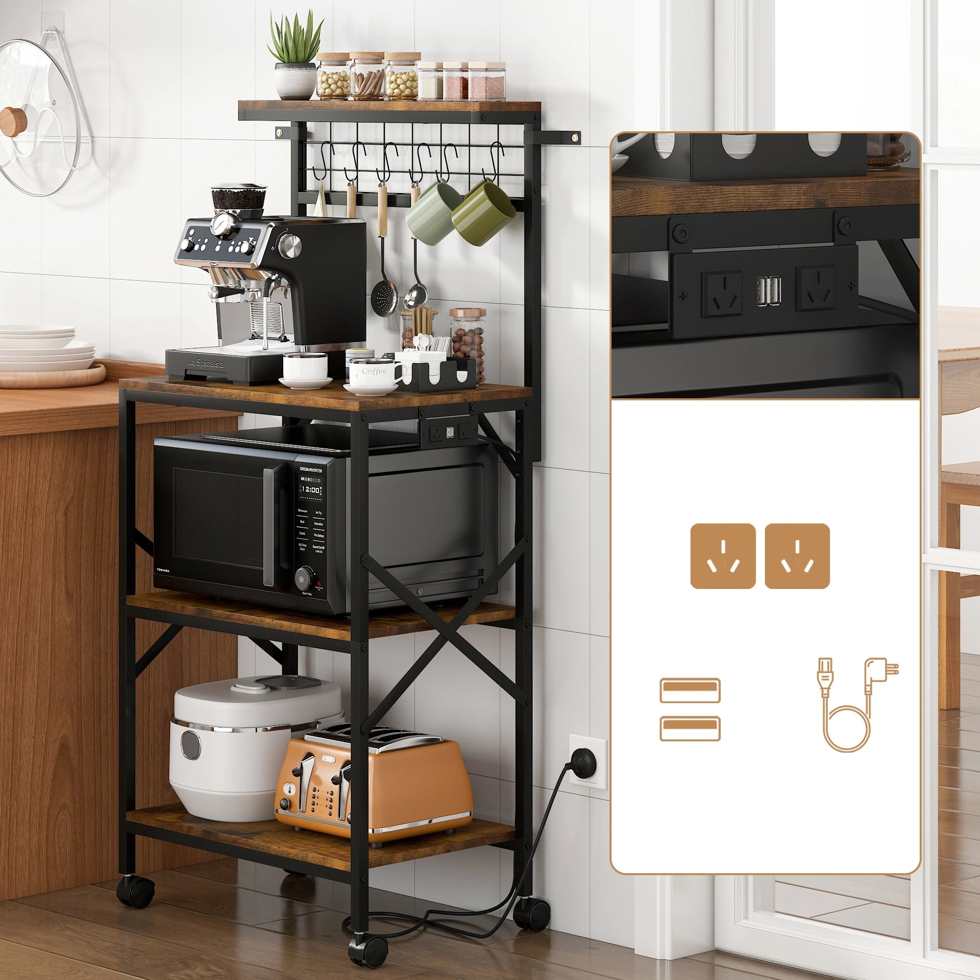 5 Advwin 4 Tiers Kitchen Bakers Rack With Power Outlet 60×40×130cm - Brown, 5 of 9