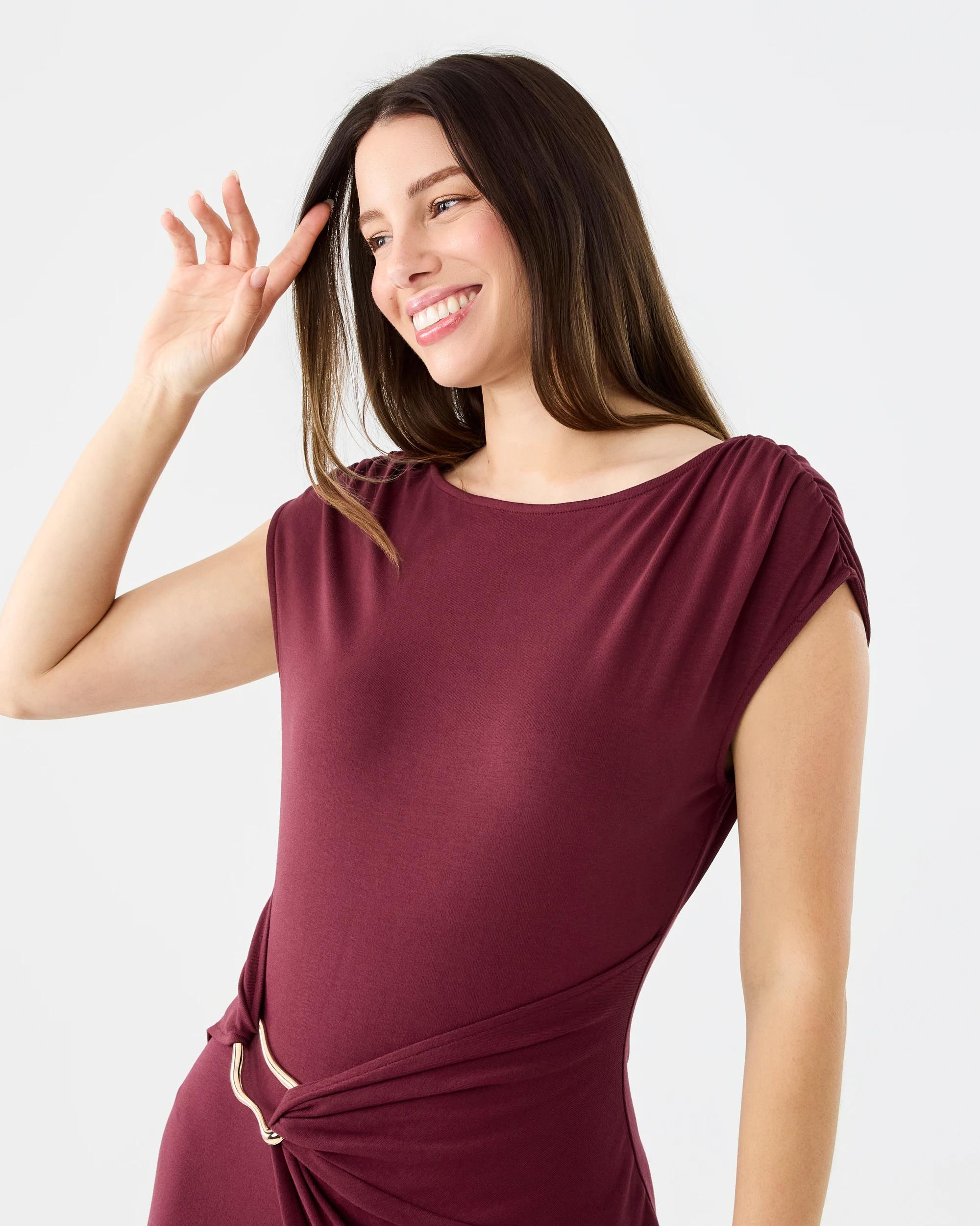 4 Short Sleeve Jersey Gold Detail Midi Dress Cran Juice, 4 of 6