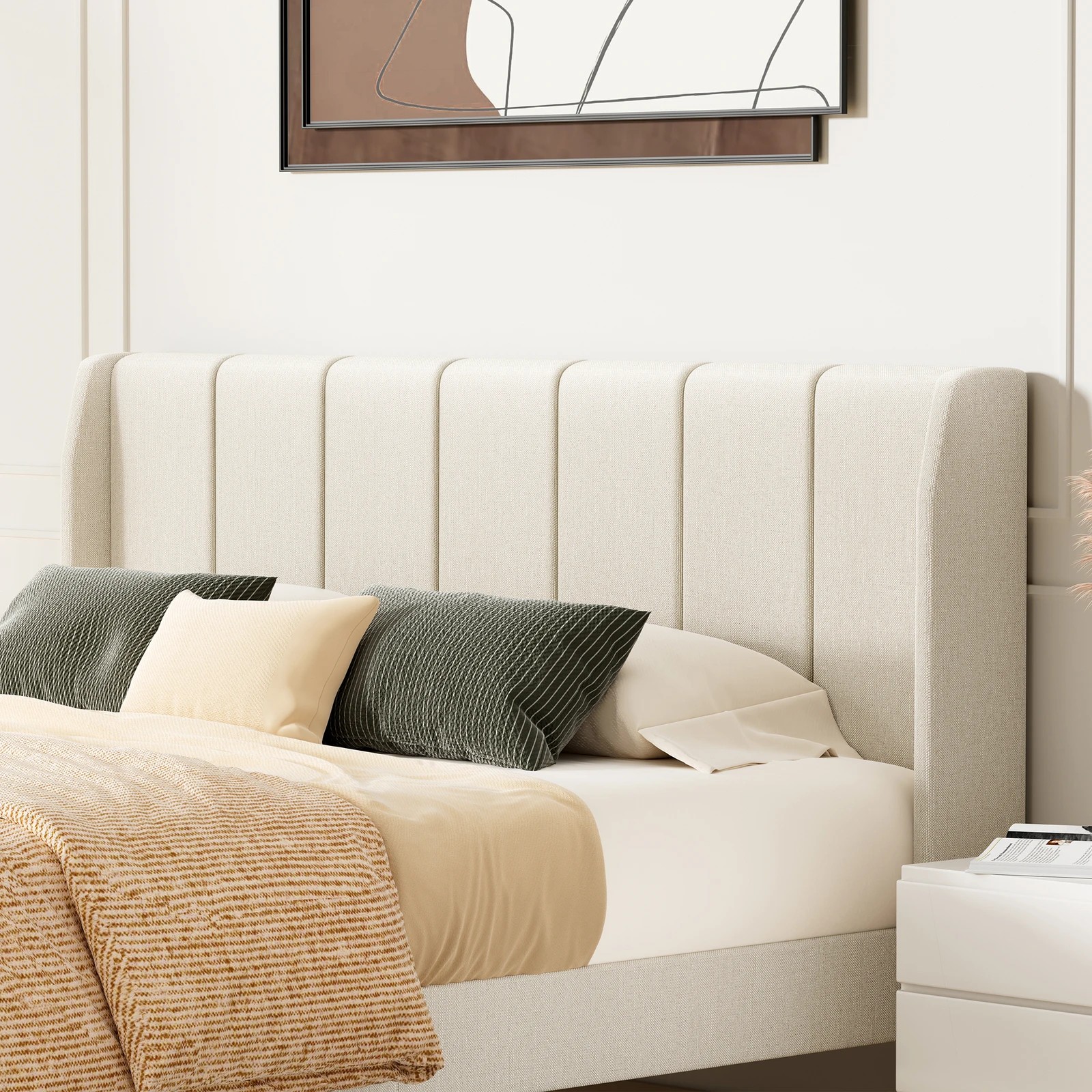 4 Alfordson Bed Frame Queen Size Tufted Headboard Base Beige Fabric Hundolf - Beige, 4 of 10