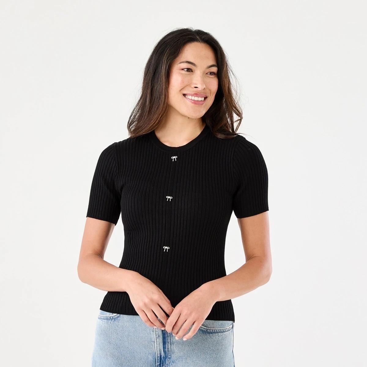 1 Short Sleeve Crew Neck Trim Top Black, 1 of 6