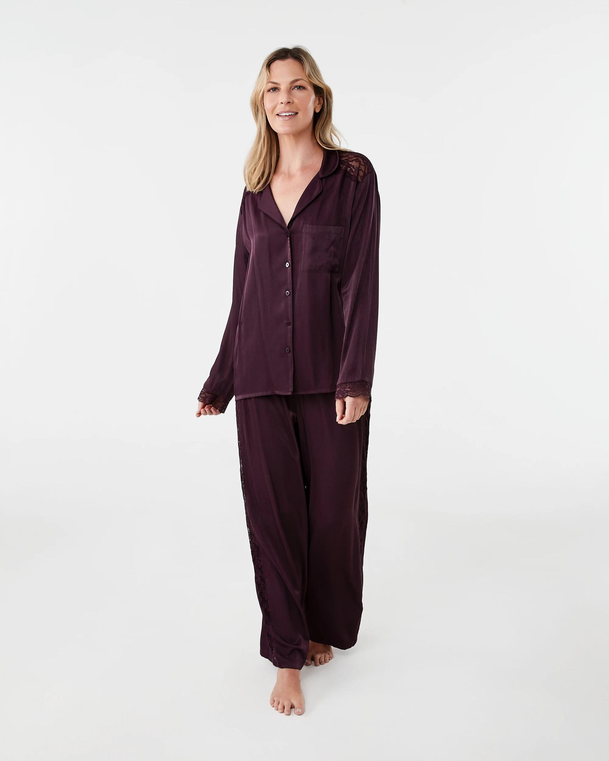 1 Lace Trim Matte Satin Pyjama Set Night Plum, 1 of 9