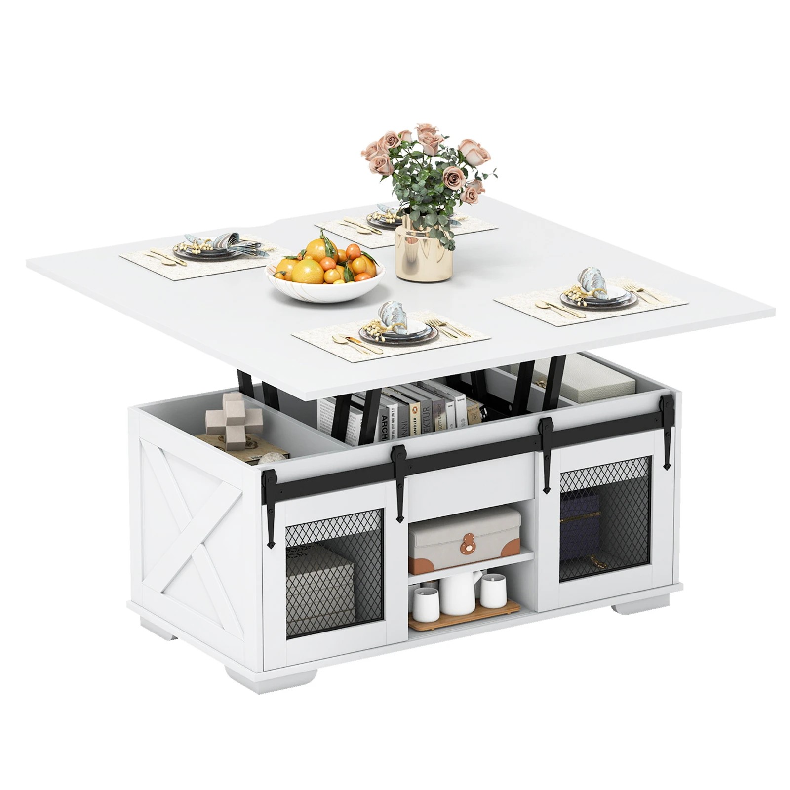 7 Costway Lift Top Coffee Table 3-in-1 Dining Table Farmhouse Center Table - White, 7 of 7